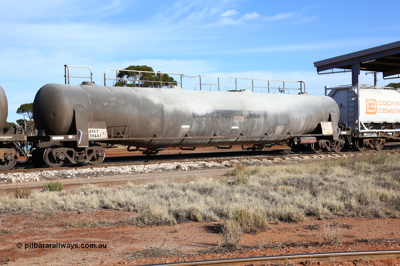 160523 2799
Parkeston, APKY 30641, type leader of two built by WAGR Midland Workshops in 1970 as WK type pneumatic discharge bulk cement waggon.
Keywords: APKY-type;APKY30641;WAGR-Midland-WS;WK-type;