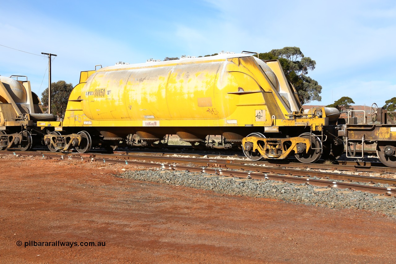 160523 2804
Parkeston, APNY 31151, type leader of twelve built by WAGR Midland Workshops in 1974 as WNA type pneumatic discharge nickel concentrate waggon, WAGR built and owned copies of the AE Goodwin built WN waggons for WMC.
Keywords: APNY-type;APNY31151;WAGR-Midland-WS;WNA-type;