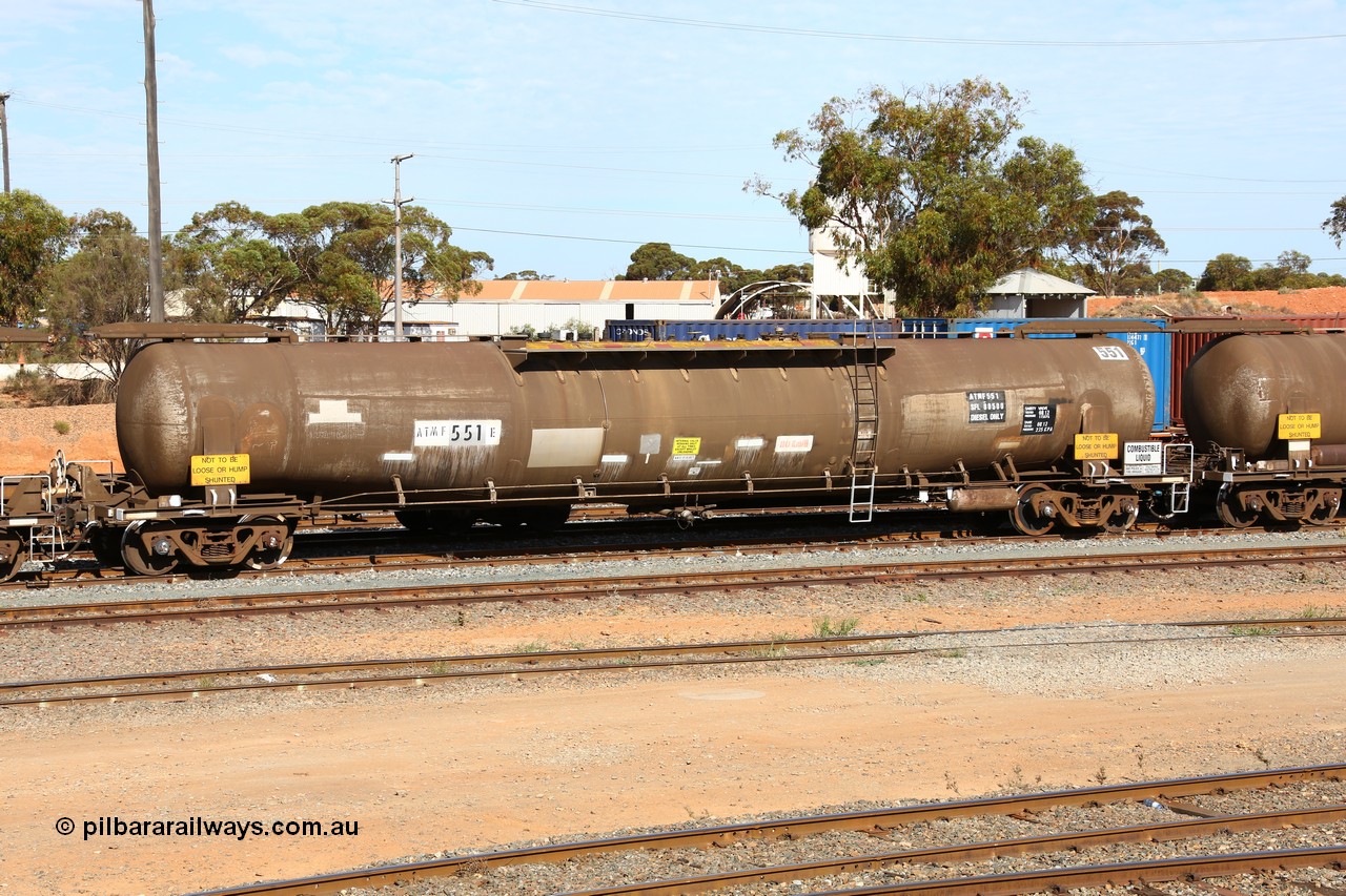 160523 3293
West Kalgoorlie, ATMF 551 fuel tank waggon, one of three built by Tulloch Limited NSW as WJM type in 1971 with a capacity of 96.25 kL one compartment one dome, current capacity of 80500 litres. 551 and 552 for Shell and 553 for BP Oil.
Keywords: ATMF-type;ATMF551;Tulloch-Ltd-NSW;WJM-type;