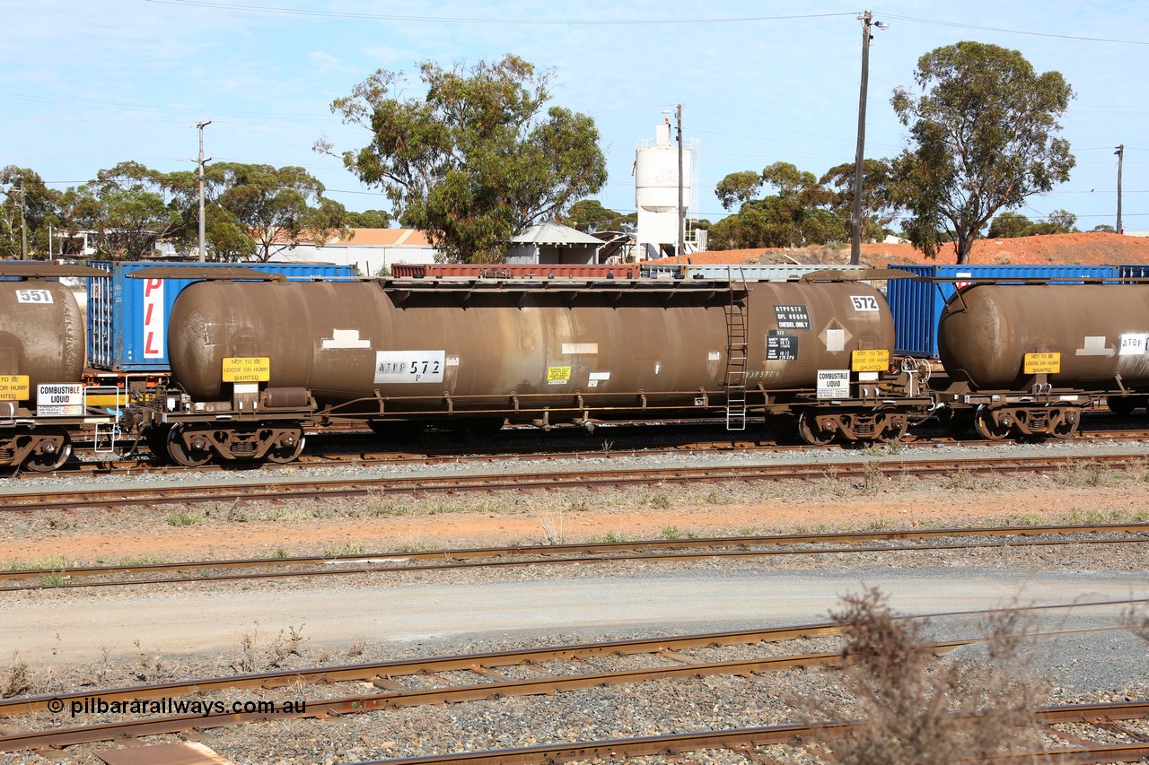 160523 3294
West Kalgoorlie, ATPF 572 fuel tank waggon, built by WAGR Midland Workshops in 1974 for Shell as type WJP, capacity of 80500 litres.
Keywords: ATPF-type;ATPF572;WAGR-Midland-WS;WJP-type;