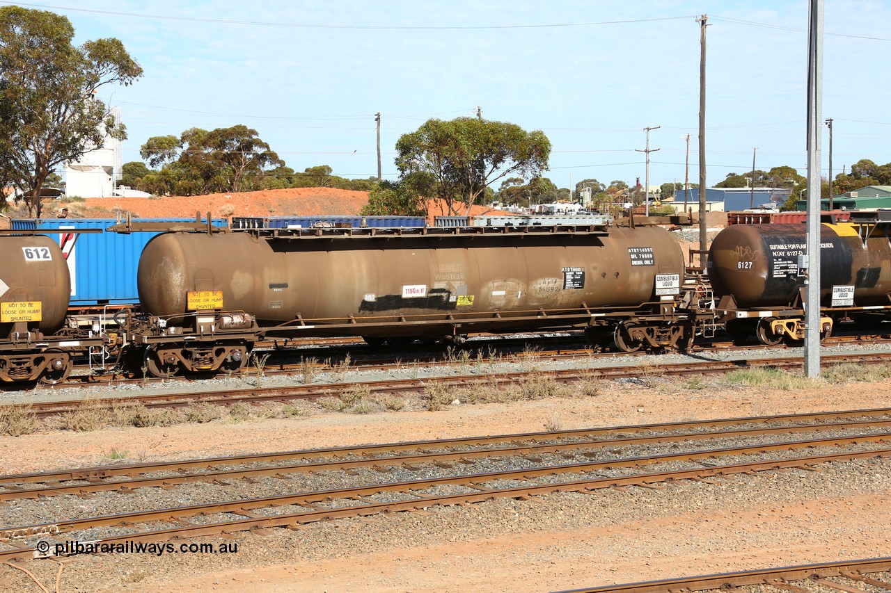 160523 3297
West Kalgoorlie, ATBY 14592 fuel tank waggon, built by Westrail Midland Workshops in 1981 for Bain Leasing as narrow gauge type JPB, 82000 litre capacity.
Keywords: ATBY-type;ATBY14592;Westrail-Midland-WS;JPB-type;