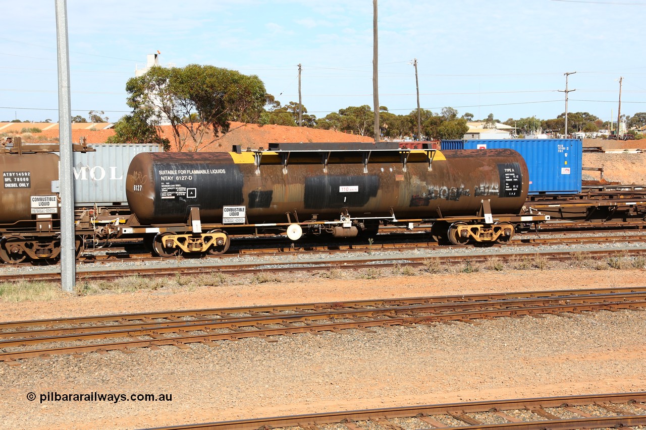 160523 3298
West Kalgoorlie, NTAY 6127 fuel tank waggon, built by Indeng Qld 1976 as SCA 278 for Shell, ex NTAF 278-6127, capacity of 61300 litre.
Keywords: NTAY-type;NTAY6127;Indeng-Qld;SCA-type;SCA278;NTAF-type;