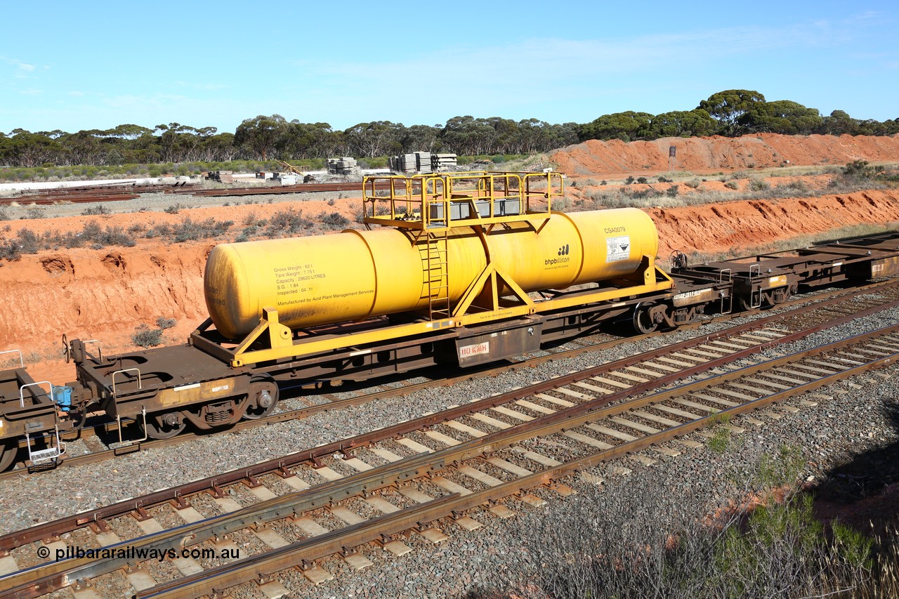 160523 3325
West Kalgoorlie, AQHY 30112 with CSA 0079, originally built by the WAGR Midland Workshops in 1964/66 as a WF type flat waggon, then in 1997, following several recodes and modifications, was one of seventy five waggons converted to the WQH to carry CSA sulphuric acid tanks between Hampton/Kalgoorlie and Perth. CSA 0079 is one of twelve units built by Acid Plant Management Services, WA in 2015.
Keywords: AQHY-type;AQHY30112;WAGR-Midland-WS;WF-type;WFDY-type;WFDF-type;RFDF-type;WQH-type;