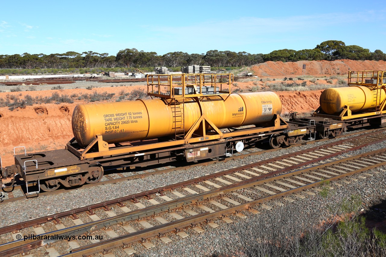 160523 3326
West Kalgoorlie, AQHY 30082 with CSA 0112, originally built by the WAGR Midland Workshops in 1964/66 as a WF type flat waggon, then in 1997, following several recodes and modifications, was one of seventy five waggons converted to the WQH to carry CSA sulphuric acid tanks between Hampton/Kalgoorlie and Perth. CSA 0112 was built by Vcare Engineering, India for Access Petrotec & Mining Solutions in 2015.
Keywords: AQHY-type;AQHY30082;WAGR-Midland-WS;WF-type;WFP-type;WFDY-type;WFDF-type;RFDF-type;WQH-type;