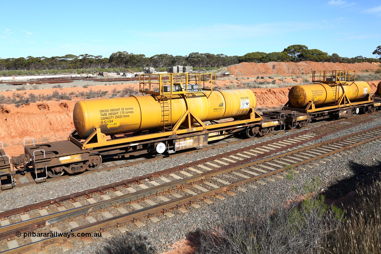 160523 3340
West Kalgoorlie, AQHY 30034 with CSA 0136, originally built by the WAGR Midland Workshops in 1964/66 as a WF type flat waggon, then in 1997, following several recodes and modifications, was one of seventy five waggons converted to the WQH to carry CSA sulphuric acid tanks between Hampton/Kalgoorlie and Perth. CSA 0136 was the last of forty nine CSA tanks built by Vcare Engineering, India for Access Petrotec & Mining Solutions in 2015.
Keywords: AQHY-type;AQHY30034;WAGR-Midland-WS;WF-type;WFDY-type;WFDF-type;RFDF-type;WQH-type;