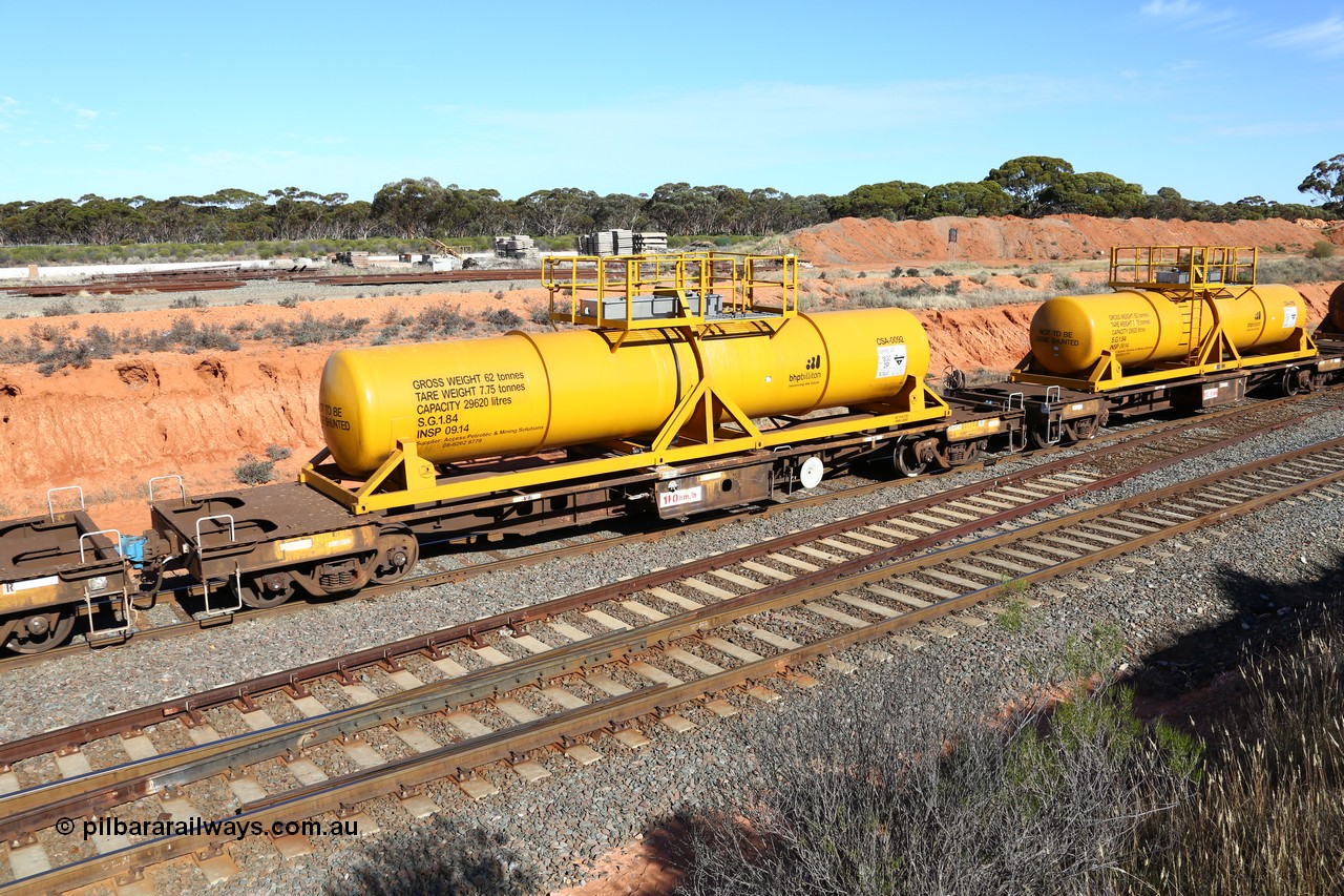 160523 3342
West Kalgoorlie, AQHY 30090 with CSA 0092, originally built by the WAGR Midland Workshops in 1964/66 as a WF type flat waggon, then in 1997, following several recodes and modifications, was one of seventy five waggons converted to the WQH to carry CSA sulphuric acid tanks between Hampton/Kalgoorlie and Perth. CSA 0092 was built by Vcare Engineering, India for Access Petrotec & Mining Solutions in 2015.
Keywords: AQHY-type;AQHY30090;WAGR-Midland-WS;WF-type;WFDY-type;WFDF-type;RFDF-type;WQH-type;