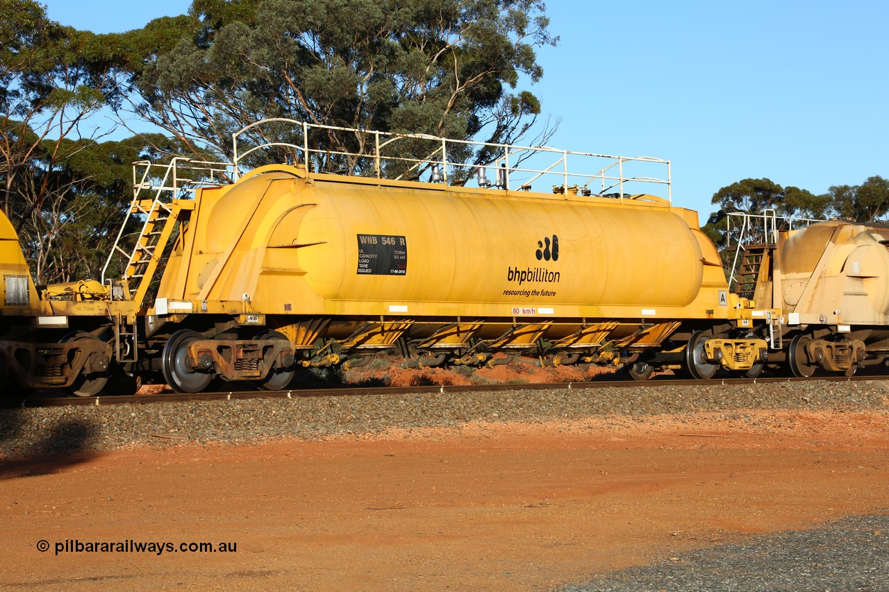 160523 3576
Binduli, nickel concentrate train 2438, WNB type pneumatic discharge nickel concentrate waggon WNB 546, the final of six built by Bluebird Rail Services SA in 2010 for BHP Billiton.
Keywords: WNB-type;WNB546;Bluebird-Rail-Operations-SA;