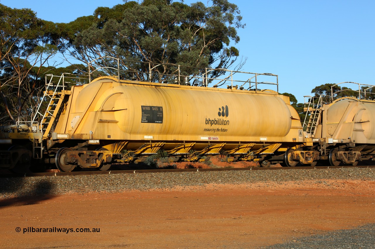 160523 3586
Binduli, nickel concentrate train 2438, WNB type pneumatic discharge nickel concentrate waggon WNB 545, one of six built by Bluebird Rail Services SA in 2010 for BHP Billiton.
Keywords: WNB-type;WNB545;Bluebird-Rail-Operations-SA;