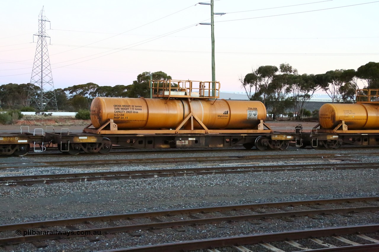 160523 3606
West Kalgoorlie, AQHY 30102 with sulphuric acid tank CSA 0124, originally built by WAGR Midland Workshops in 1964/66 as a WF type flat waggon, then in 1997, following several recodes and modifications, was one of seventy five waggons converted to the WQH type to carry CSA sulphuric acid tanks between Hampton/Kalgoorlie and Perth/Kwinana, part of loaded acid train 2406 arriving back in the yard. CSA 0124 was built by Vcare Engineering, India for Access Petrotec & Mining Solutions in 2015.
Keywords: AQHY-type;AQHY30102;WAGR-Midland-WS;WF-type;WFDY-type;WFDF-type;RFDF-type;WQH-type;