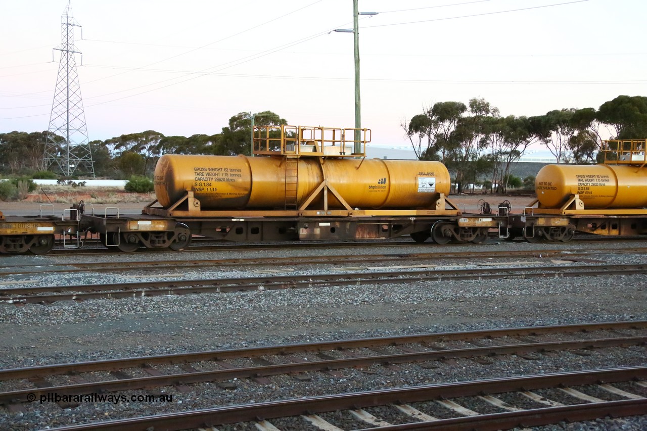 160523 3613
West Kalgoorlie, AQHY 30070 with sulphuric acid tank CSA 0135, originally built by WAGR Midland Workshops in 1964/66 as a WF type flat waggon, then in 1997, following several recodes and modifications, was one of seventy five waggons converted to the WQH type to carry CSA sulphuric acid tanks between Hampton/Kalgoorlie and Perth/Kwinana, part of loaded acid train 2406 arriving back in the yard. CSA 0135 was built by Vcare Engineering, India for Access Petrotec & Mining Solutions in 2015.
Keywords: AQHY-type;AQHY30070;WAGR-Midland-WS;WF-type;WFDY-type;WFDF-type;WQH-type;