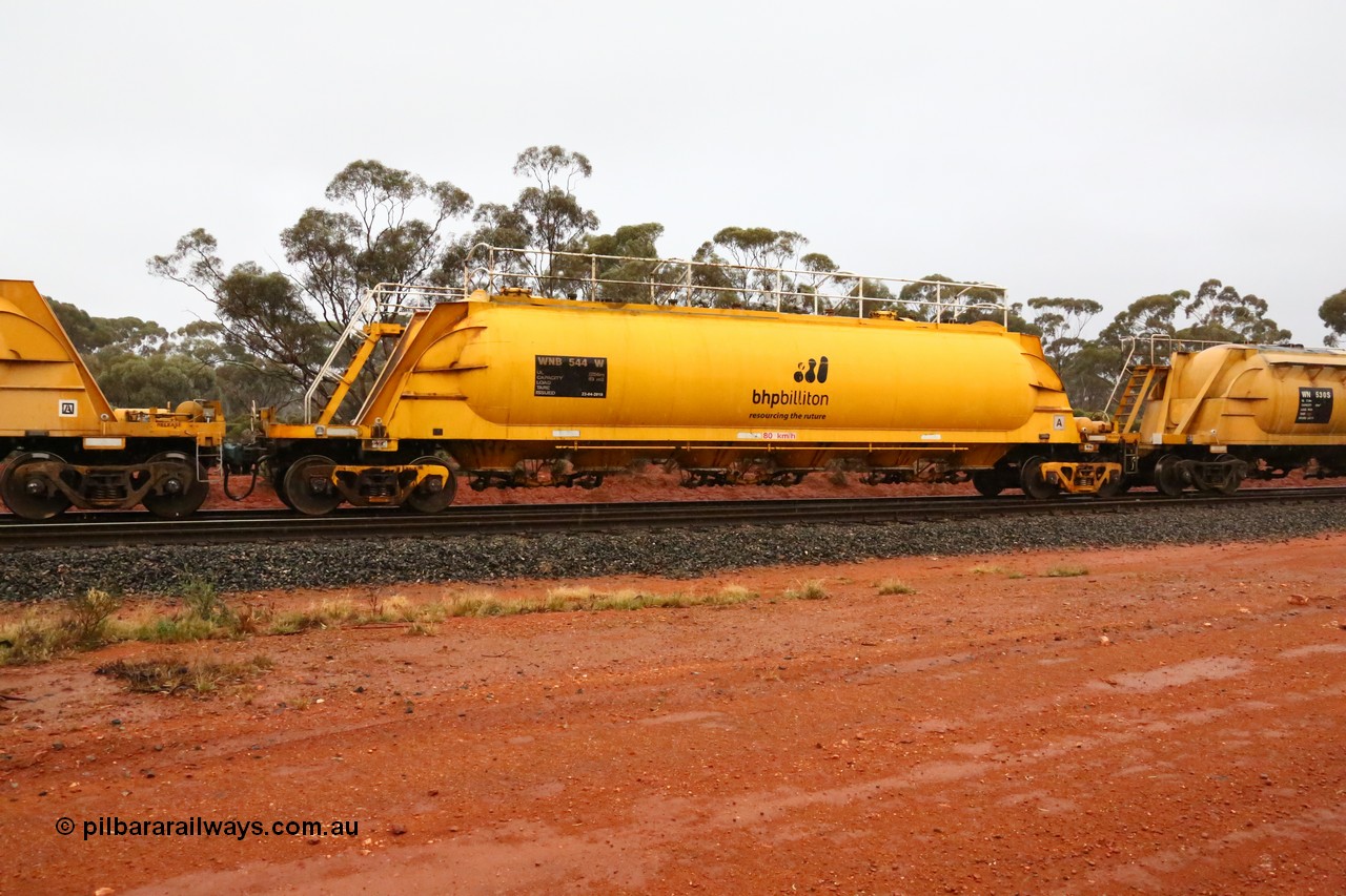 160524 4367
Binduli, nickel concentrate train 3438, WNB type pneumatic discharge nickel concentrate waggon WNB 544, one of six built by Bluebird Rail Services SA in 2010 for BHP Billiton.
Keywords: WNB-type;WNB544;Bluebird-Rail-Operations-SA;