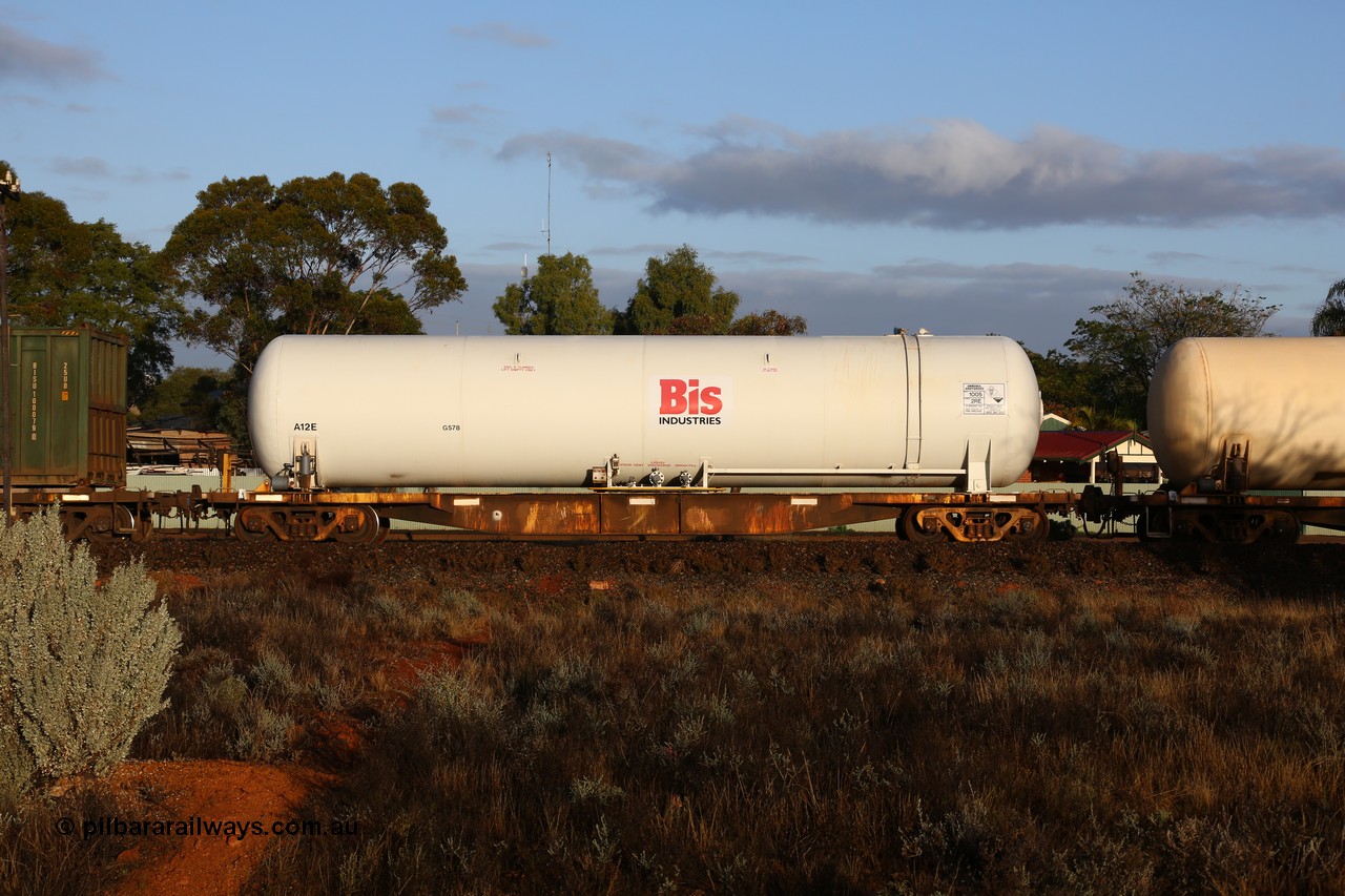160525 4401
Kalgoorlie, Malcolm freighter, train 3029, AZKY type anhydrous ammonia tank waggon AZKY 32232, one of twelve built by Goninan WA in 1998 as type WQK for Murrin Murrin traffic, fitted with Bis Industries anhydrous ammonia tank A12E.
Keywords: AZKY-type;AZKY32232;Goninan-WA;WQK-type;