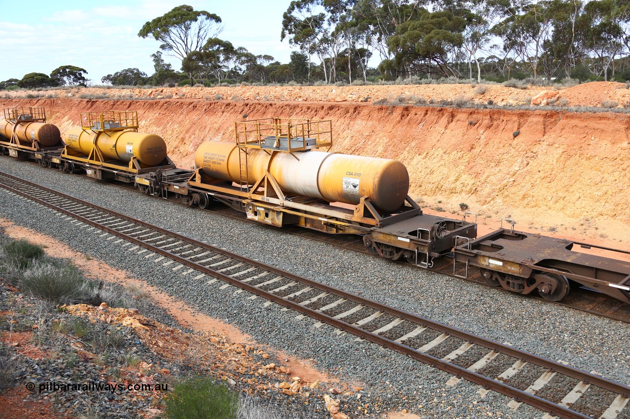 160525 4802
West Kalgoorlie, AQHY 30039 with sulphuric acid tank CSA 0110, originally built by WAGR Midland Workshops in 1964/66 as a WF type flat waggon, then in 1997, following several recodes and modifications, was one of seventy five waggons converted to the WQH type to carry CSA sulphuric acid tanks between Hampton/Kalgoorlie and Perth/Kwinana, part of empty acid train 4405 departing in the yard. CSA 0110 was built by Vcare Engineering, India for Access Petrotec & Mining Solutions in 2015.
Keywords: AQHY-type;AQHY30039;WAGR-Midland-WS;WF-type;WFDY-type;WFDF-type;RFDF-type;WQH-type;