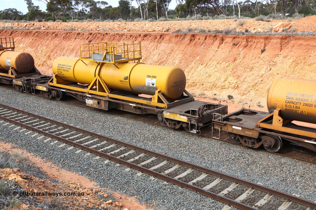 160525 4803
West Kalgoorlie, AQHY 30053 with sulphuric acid tank CSA 0095, originally built by WAGR Midland Workshops in 1964/66 as a WF type flat waggon, then in 1997, following several recodes and modifications, was one of seventy five waggons converted to the WQH type to carry CSA sulphuric acid tanks between Hampton/Kalgoorlie and Perth/Kwinana, part of empty acid train 4405 departing in the yard. CSA 0095 was built by Vcare Engineering, India for Access Petrotec & Mining Solutions in 2015.
Keywords: AQHY-type;AQHY30053;WAGR-Midland-WS;WF-type;WFDY-type;WFDF-type;RFDF-type;WQH-type;