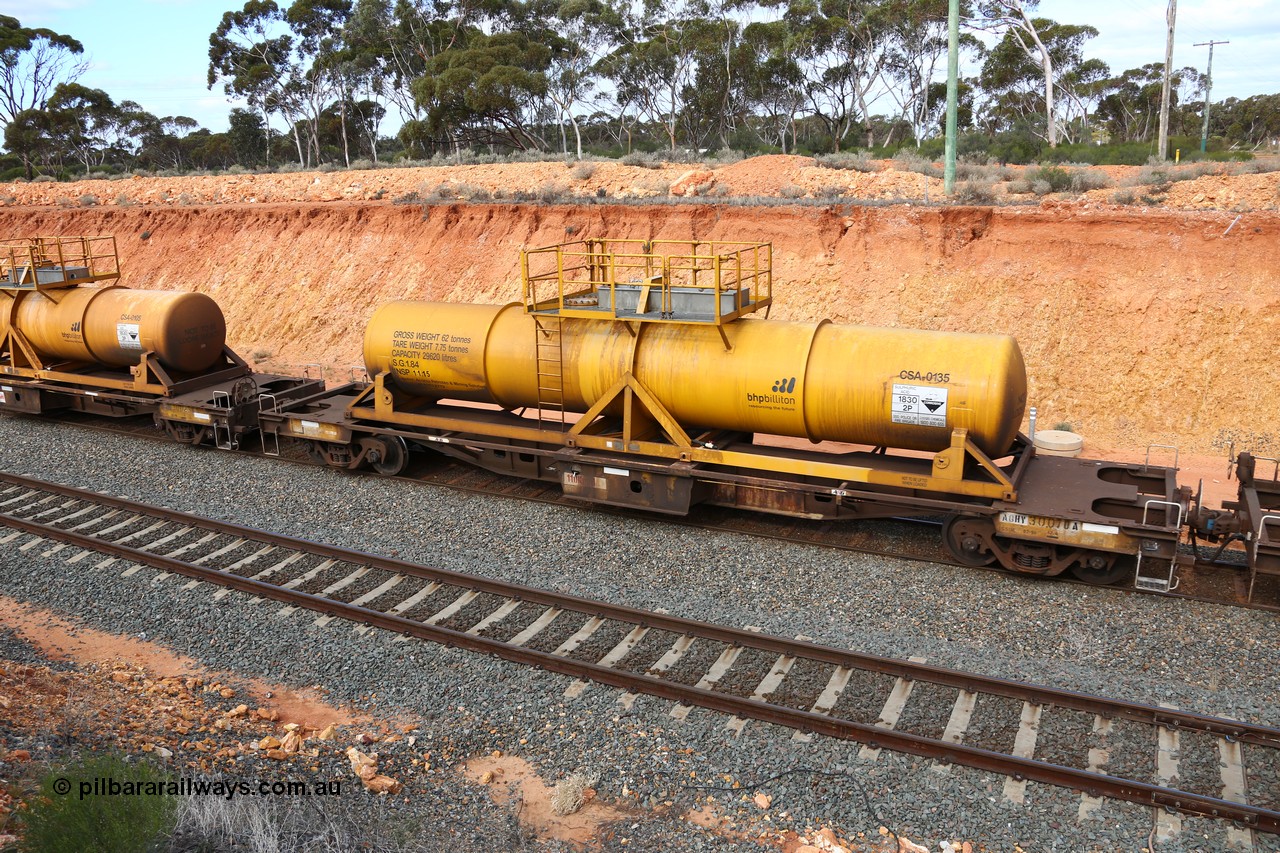 160525 4806
West Kalgoorlie, AQHY 30070 with sulphuric acid tank CSA 0135, originally built by WAGR Midland Workshops in 1964/66 as a WF type flat waggon, then in 1997, following several recodes and modifications, was one of seventy five waggons converted to the WQH type to carry CSA sulphuric acid tanks between Hampton/Kalgoorlie and Perth/Kwinana, part of empty acid train 4405 departing in the yard. CSA 0135 was built by Vcare Engineering, India for Access Petrotec & Mining Solutions in 2015.
Keywords: AQHY-type;AQHY30070;WAGR-Midland-WS;WF-type;WFDY-type;WFDF-type;WQH-type;