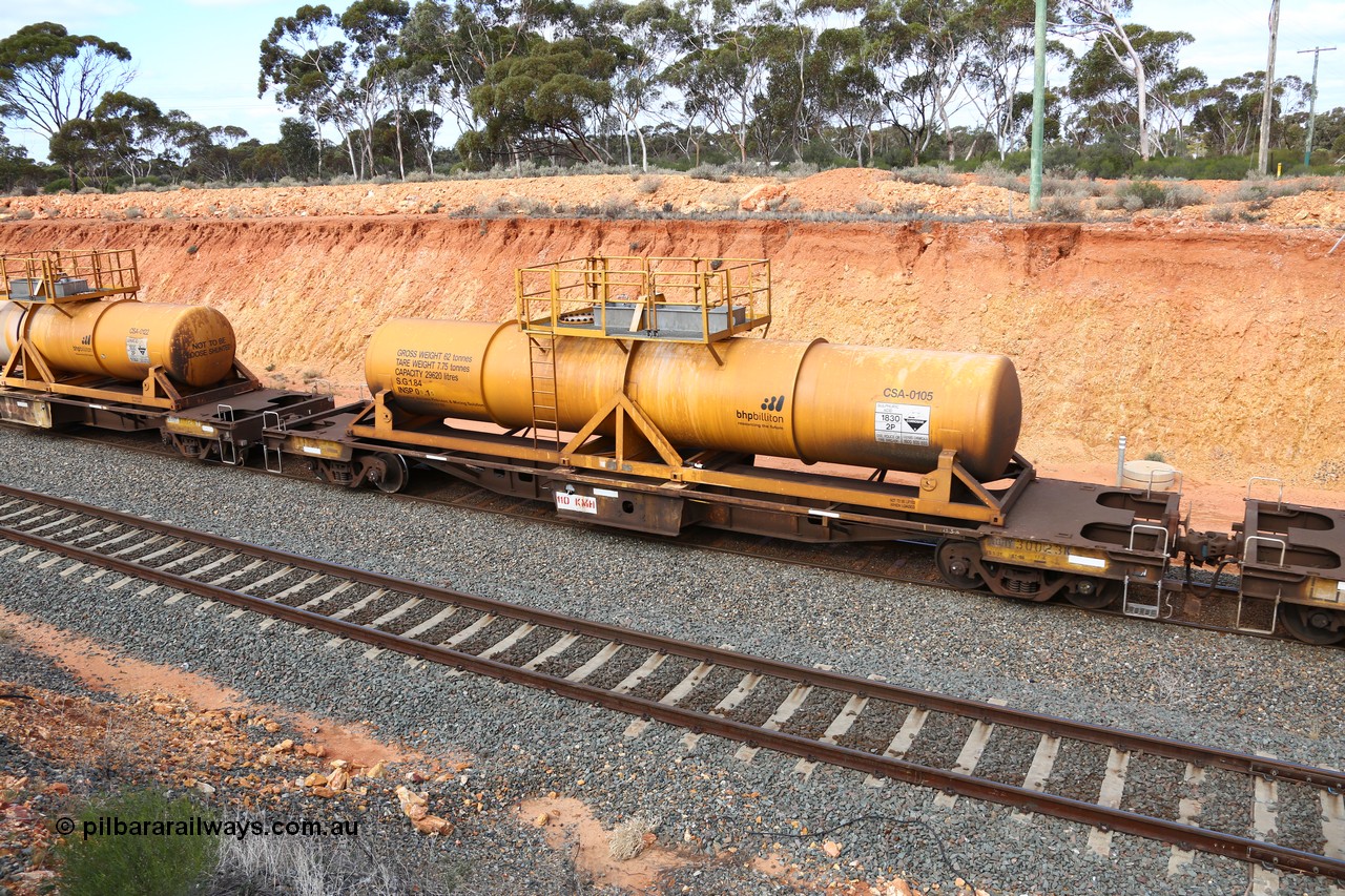 160525 4807
West Kalgoorlie, AQHY 30023 with sulphuric acid tank CSA 0105, originally built by WAGR Midland Workshops in 1964/66 as a WF type flat waggon, then in 1997, following several recodes and modifications, was one of seventy five waggons converted to the WQH type to carry CSA sulphuric acid tanks between Hampton/Kalgoorlie and Perth/Kwinana, part of empty acid train 4405 departing in the yard. CSA 0105 was built by Vcare Engineering, India for Access Petrotec & Mining Solutions in 2015.
Keywords: AQHY-type;AQHY30023;WAGR-Midland-WS;WF-type;WFDY-type;WFDF-type;RFDF-type;WQH-type;