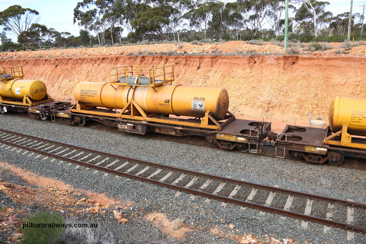 160525 4813
West Kalgoorlie, AQHY 30102 with sulphuric acid tank CSA 0124, originally built by WAGR Midland Workshops in 1964/66 as a WF type flat waggon, then in 1997, following several recodes and modifications, was one of seventy five waggons converted to the WQH type to carry CSA sulphuric acid tanks between Hampton/Kalgoorlie and Perth/Kwinana, part of empty acid train 4405 departing in the yard. CSA 0124 was built by Vcare Engineering, India for Access Petrotec & Mining Solutions in 2015.
Keywords: AQHY-type;AQHY30102;WAGR-Midland-WS;WF-type;WFDY-type;WFDF-type;RFDF-type;WQH-type;