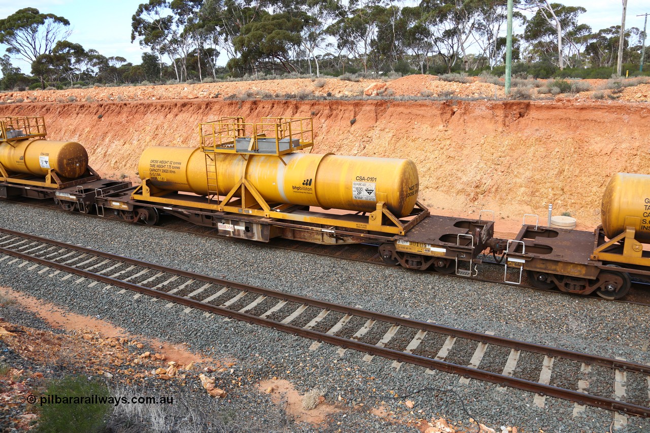 160525 4815
West Kalgoorlie, AQHY 30105 with sulphuric acid tank CSA 0101, originally built by WAGR Midland Workshops in 1964/66 as a WF type flat waggon, then in 1997, following several recodes and modifications, was one of seventy five waggons converted to the WQH type to carry CSA sulphuric acid tanks between Hampton/Kalgoorlie and Perth/Kwinana, part of empty acid train 4405 departing in the yard. CSA 0101 was built by Vcare Engineering, India for Access Petrotec & Mining Solutions in 2015.
Keywords: AQHY-type;AQHY30105;WAGR-Midland-WS;WF-type;WFP-type;WFDY-type;WFDF-type;RFDF-type;WQH-type;