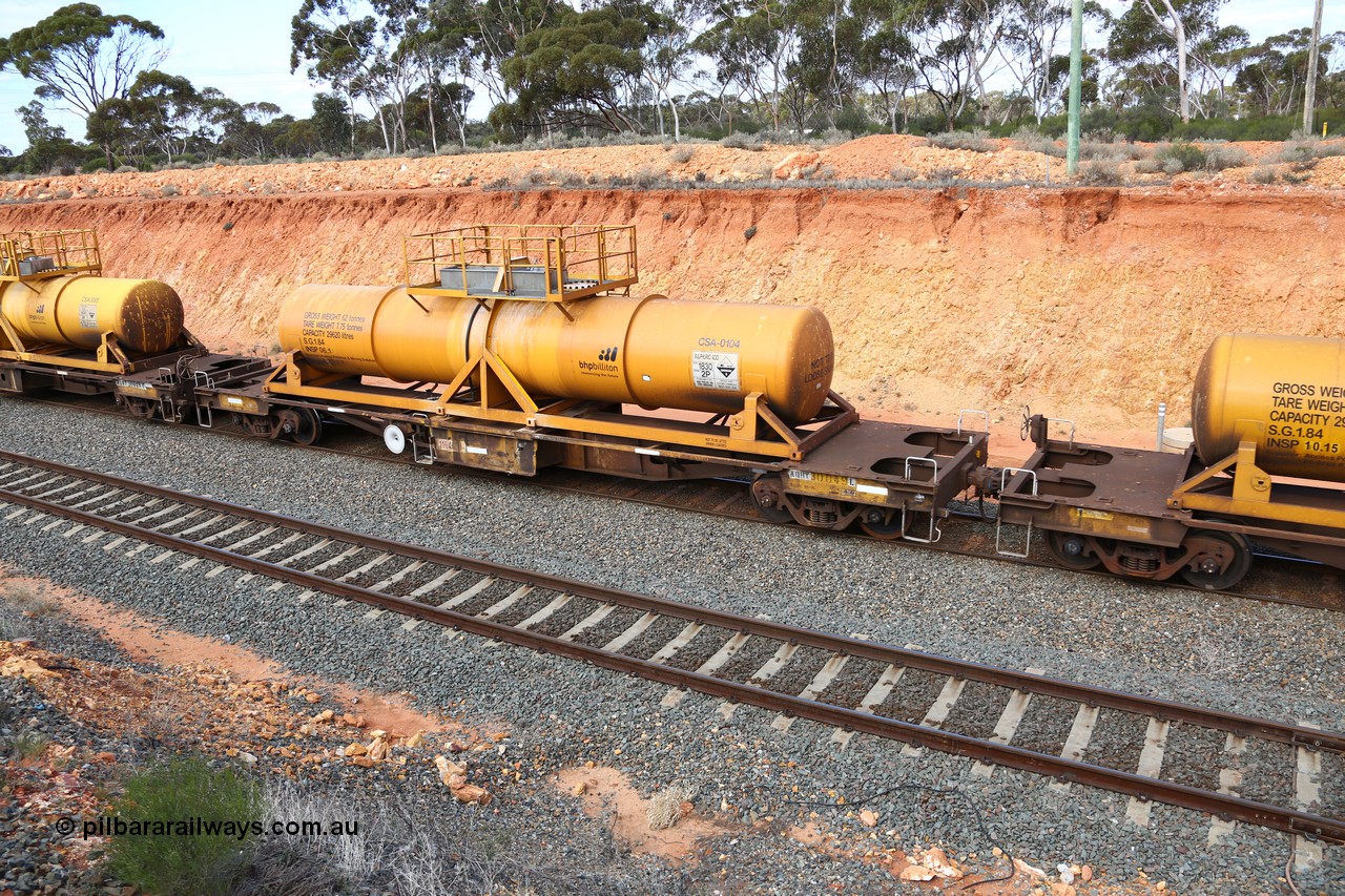 160525 4819
West Kalgoorlie, AQHY 30049 with sulphuric acid tank CSA 0104, originally built by WAGR Midland Workshops in 1964/66 as a WF type flat waggon, then in 1997, following several recodes and modifications, was one of seventy five waggons converted to the WQH type to carry CSA sulphuric acid tanks between Hampton/Kalgoorlie and Perth/Kwinana, part of empty acid train 4405 departing in the yard. CSA 0104 was built by Vcare Engineering, India for Access Petrotec & Mining Solutions in 2015.
Keywords: AQHY-type;AQHY30049;WAGR-Midland-WS;WF-type;WFDY-type;WFDF-type;RFDF-type;WQH-type;