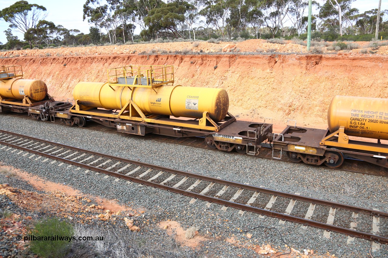 160525 4820
West Kalgoorlie, AQHY 30089 with sulphuric acid tank CSA 0085, originally built by WAGR Midland Workshops in 1964/66 as a WF type flat waggon, then in 1997, following several recodes and modifications, was one of seventy five waggons converted to the WQH type to carry CSA sulphuric acid tanks between Hampton/Kalgoorlie and Perth/Kwinana, part of empty acid train 4405 departing in the yard. CSA 0085 is one of twelve units built by Acid Plant Management Services, WA in 2015.
Keywords: AQHY-type;AQHY30089;WAGR-Midland-WS;WF-type;WFDY-type;WFDF-type;RFDF-type;WQH-type;