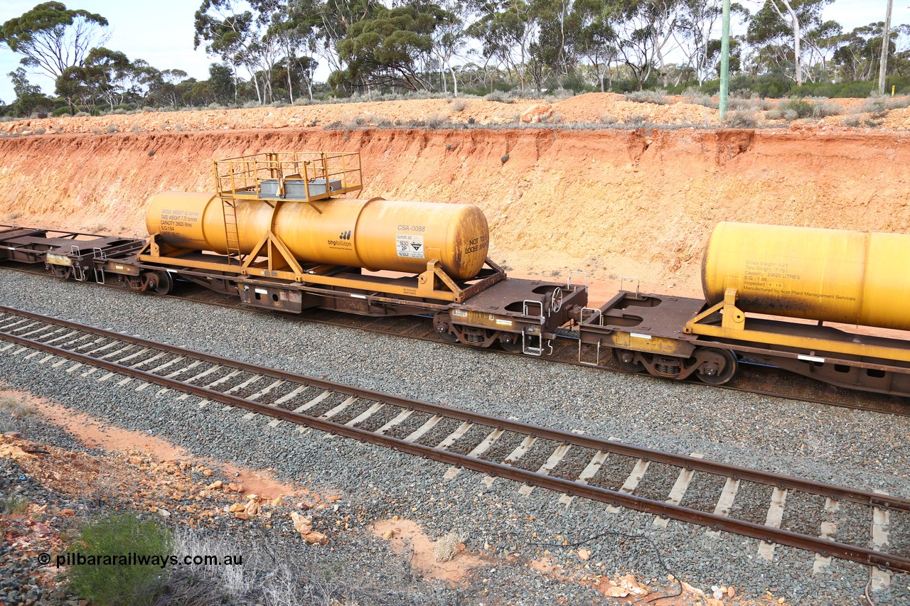 160525 4821
West Kalgoorlie, AQHY 30109 with sulphuric acid tank CSA 0088, originally built by WAGR Midland Workshops in 1964/66 as a WF type flat waggon, then in 1997, following several recodes and modifications, was one of seventy five waggons converted to the WQH type to carry CSA sulphuric acid tanks between Hampton/Kalgoorlie and Perth/Kwinana, part of empty acid train 4405 departing in the yard. CSA 0088 is the lowest numbered CSA of forty nine tanks built by by Vcare Engineering, India for Access Petrotec & Mining Solutions in 2015.
Keywords: AQHY-type;AQHY30109;WAGR-Midland-WS;WF-type;WFDY-type;WFDF-type;WQH-type;