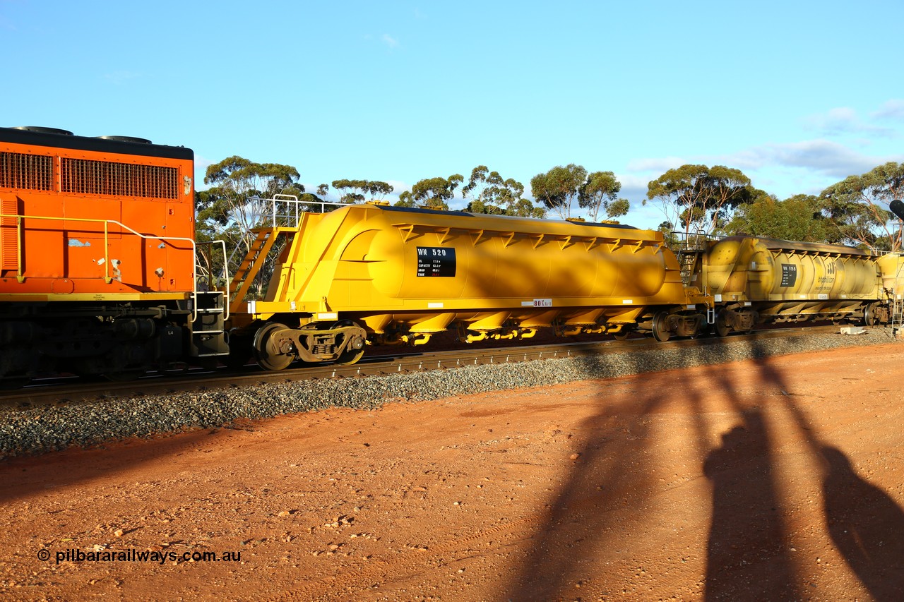 160525 5187
Binduli, nickel concentrate train 4438, pneumatic discharge nickel concentrate waggon WN 520, one of thirty built by AE Goodwin NSW as WN type in 1970 for WMC.
Keywords: WN-type;WN520;AE-Goodwin;