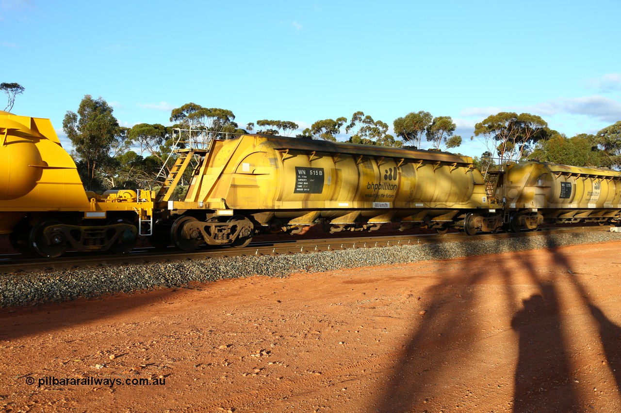 160525 5188
Binduli, nickel concentrate train 4438, pneumatic discharge nickel concentrate waggon WN 515, one of thirty built by AE Goodwin NSW as WN type in 1970 for WMC.
Keywords: WN-type;WN515;AE-Goodwin;