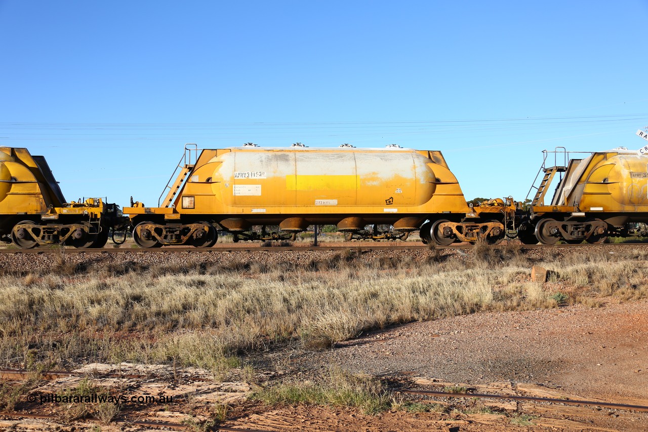 160527 5485
Parkeston, loaded lime and cement shunt train 2C71 from West Kalgoorlie to Parkeston for Cockburn Lime. APNY 31153, one of twelve built by WAGR Midland Workshops in 1974 as WNA type pneumatic discharge nickel concentrate waggon, WAGR built and owned copies of the AE Goodwin built WN waggons for WMC.
Keywords: APNY-type;APNY31153;WAGR-Midland-WS;WNA-type;