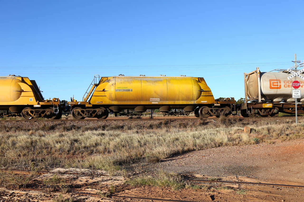 160527 5489
Parkeston, loaded lime and cement shunt train 2C71 from West Kalgoorlie to Parkeston for Cockburn Lime. APNY 31158, one of twelve built by WAGR Midland Workshops in 1974 as WNA type pneumatic discharge nickel concentrate waggon, WAGR built and owned copies of the AE Goodwin built WN waggons for WMC.
Keywords: APNY-type;APNY31158;WAGR-Midland-WS;WNA-type;