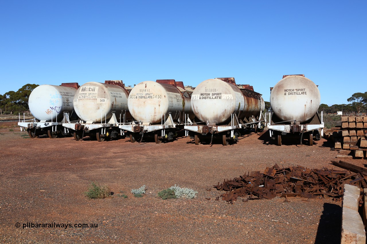 160528 8366
Parkeston, near the quarantine station, stored former Mobil Oil NSW NTAF waggons, from left: NTAF 5454, 5451, 5450, 5453 and 5449. I think these are Indeng Qld built NTAF waggons from a batch of seven such tanks built for Mobil of NSW in 1981 and numbered NTAF 449 to 455.
Keywords: NTAF-type;NTAF5454;NTAF5451;NTAF5450;NTAF5453;NTAF5449;Indeng-Qld;NTAF454;NTAF450;NTAF453;NTAF449;