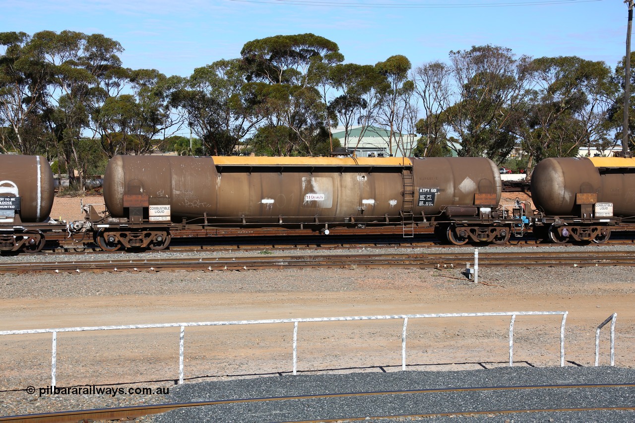 160531 9871
West Kalgoorlie, diesel fuel tanker ATPY 601, built by WAGR Midland Workshops in 1976 as WJP type for BP Oil, capacity of 80500 litres.
Keywords: ATPY-type;ATPY601;WAGR-Midland-WS;WJP-type;WJPY-type;