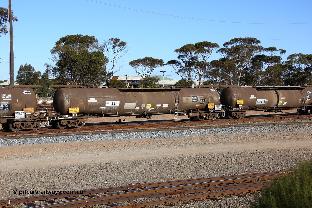 160531 9957
West Kalgoorlie, ATMF 551 fuel tank waggon, one of three built by Tulloch Limited NSW as WJM type in 1971 with a capacity of 96.25 kL one compartment one dome, current capacity of 80500 litres. 551 and 552 for Shell and 553 for BP Oil.
Keywords: ATMF-type;ATMF551;Tulloch-Ltd-NSW;WJM-type;