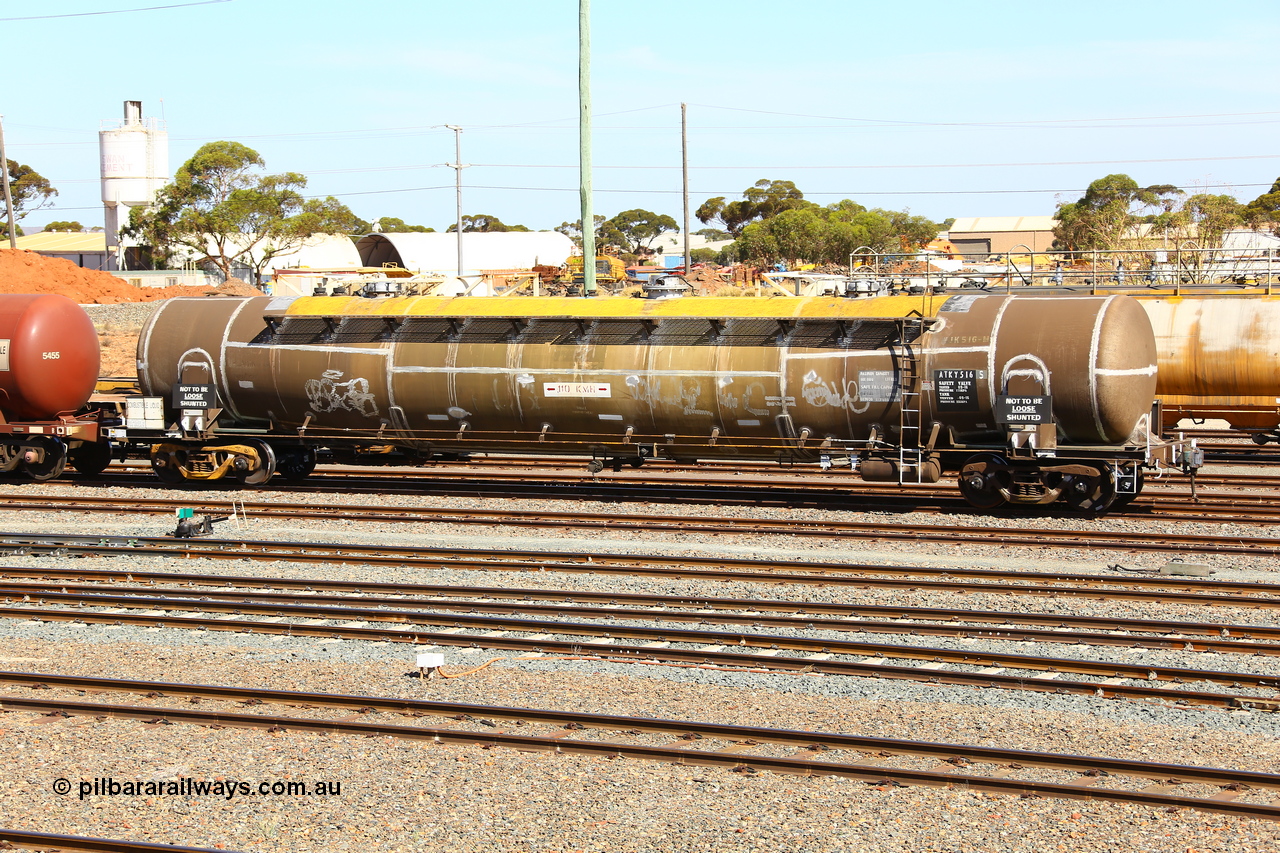 190108 1117
West Kalgoorlie, ATKY type fuel tank waggon ATKY 516 built by Tulloch Ltd NSW in 1971  as WJK type 93,000 litre, three compartment, three dome tank along with sister WJK 515 for BP Oil. Recoded to WJKY. Gemco refurbished 09-16. Maximum capacity 101,000 litres, safe fill 74,000 litres.
Keywords: ATKY-type;ATKY516;Tulloch-Ltd-NSW;WJK-type;WJKY-type;