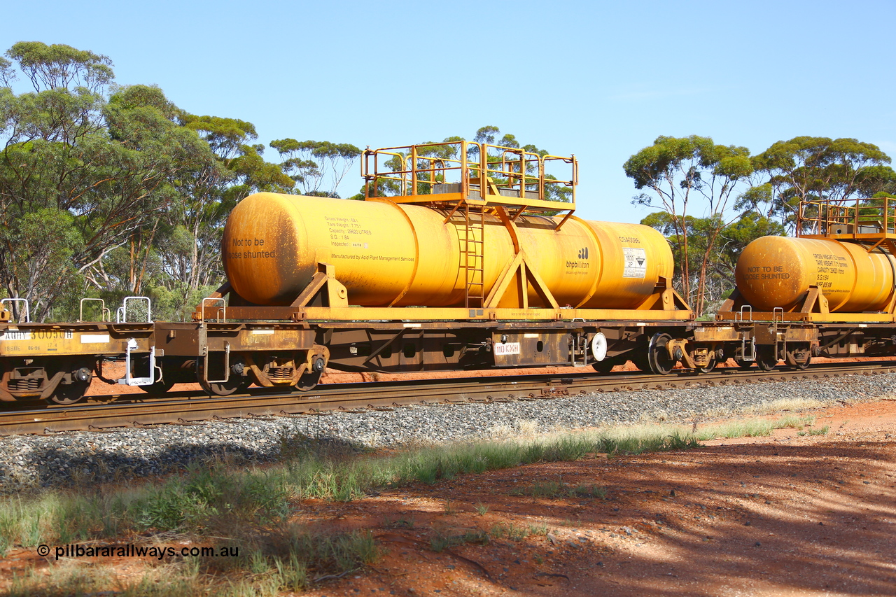 190108 1135
Binduli, AQHY 30052 with CSA 0086, originally built by the WAGR Midland Workshops in 1964/66 as a WF type flat waggon, then in 1997, following several recodes and modifications, was one of seventy five waggons converted to the WQH type to carry CSA sulphuric acid tanks between Hampton/Kalgoorlie and Perth/Kwinana. CSA 0086 was built by Acid Plant Management Services, WA.
Keywords: AQHY-type;AQHY30052;WAGR-Midland-WS;WF-type;WFDY-type;WFDF-type;RFDF-type;WQH-type;