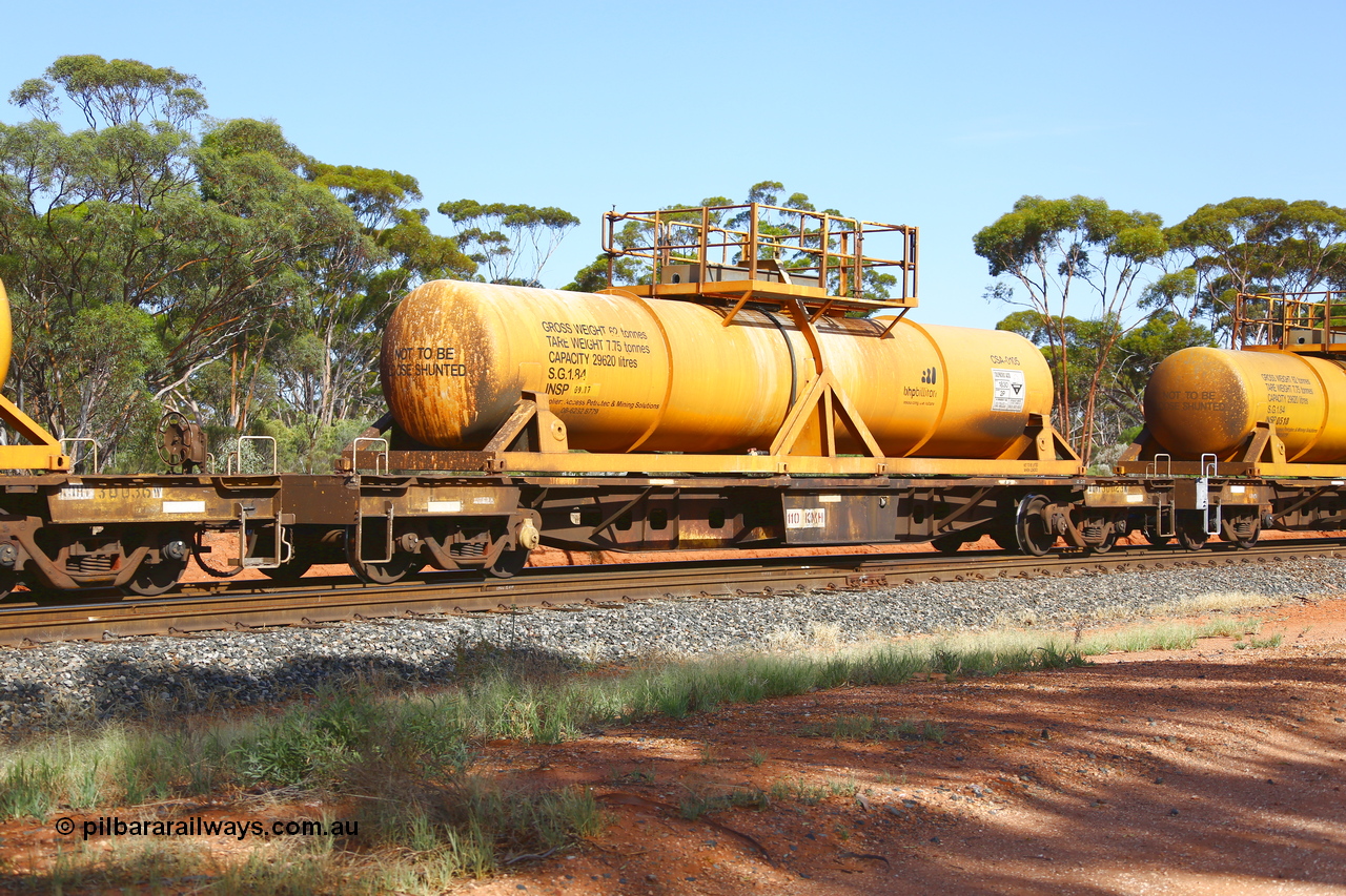 190108 1137
Binduli, AQHY 30023 with CSA 0105, originally built by the WAGR Midland Workshops in 1964/66 as a WF type flat waggon, then in 1997, following several recodes and modifications, was one of seventy five waggons converted to the WQH type to carry CSA sulphuric acid tanks between Hampton/Kalgoorlie and Perth/Kwinana. CSA 0105 was built by Vcare Engineering, India for Access Petrotec & Mining Solutions.
Keywords: AQHY-type;AQHY30023;WAGR-Midland-WS;WF-type;WFDY-type;WFDF-type;RFDF-type;WQH-type;