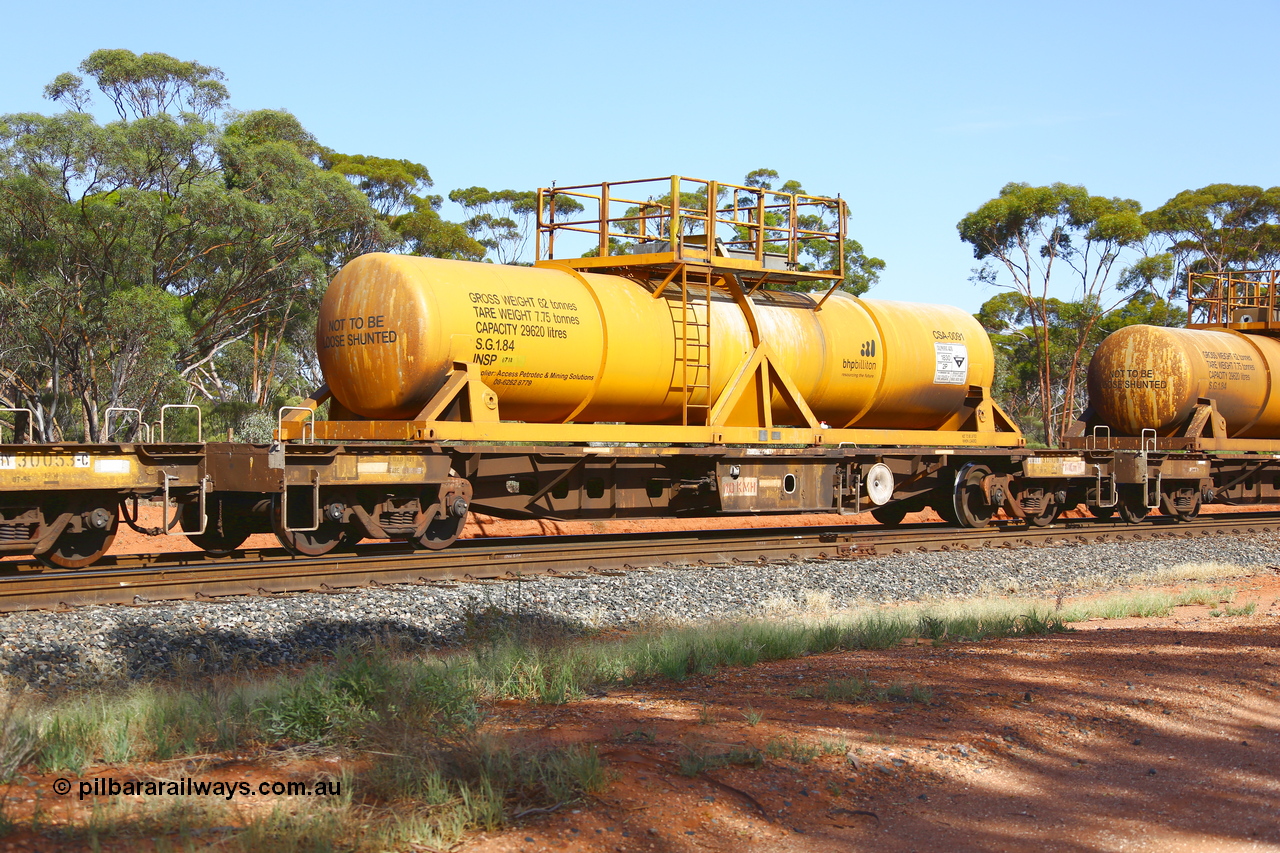 190108 1140
Binduli, AQHY 30106 with CSA 0091, originally built by the WAGR Midland Workshops in 1964/66 as a WF type flat waggon, then in 1997, following several recodes and modifications, was one of seventy five waggons converted to the WQH type to carry CSA sulphuric acid tanks between Hampton/Kalgoorlie and Perth/Kwinana. CSA 0091 was built by Vcare Engineering, India for Access Petrotec & Mining Solutions.
Keywords: AQHY-type;AQHY30106;WAGR-Midland-WS;WF-type;WMA-type;WFDY-type;WFDF-type;RFDF-type;WQH-type;