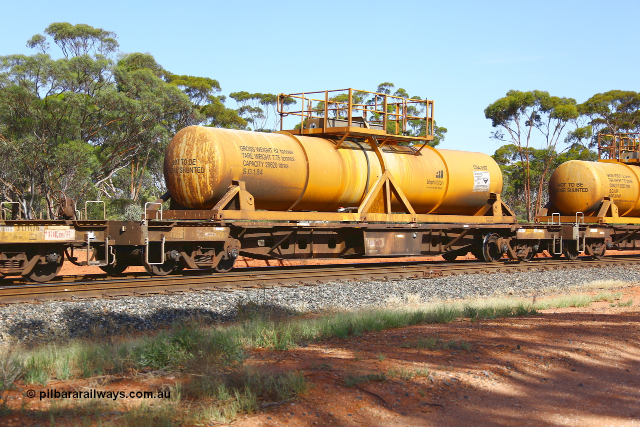 190108 1141
Binduli, AQHY 30031 with CSA 0107, originally built by the WAGR Midland Workshops in 1964/66 as a WF type flat waggon, then in 1997, following several recodes and modifications, was one of seventy five waggons converted to the WQH type to carry CSA sulphuric acid tanks between Hampton/Kalgoorlie and Perth/Kwinana. CSA 0107 was built by Vcare Engineering, India for Access Petrotec & Mining Solutions.
Keywords: AQHY-type;AQHY30031;WAGR-Midland-WS;WF-type;WFW-type;WFDY-type;WFDF-type;RFDF-type;WQH-type;