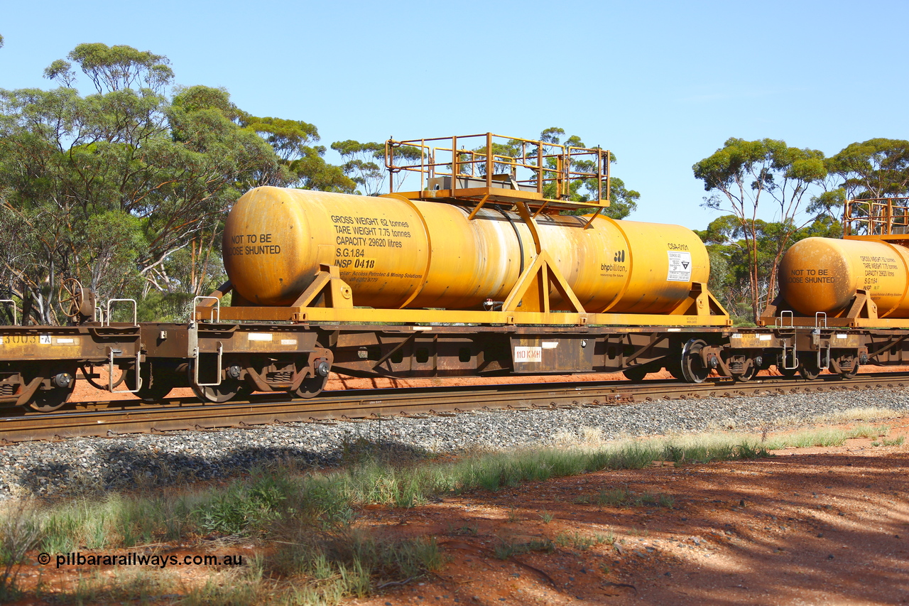 190108 1142
Binduli, AQHY 30105 with CSA 0101, originally built by the WAGR Midland Workshops in 1964/66 as a WF type flat waggon, then in 1997, following several recodes and modifications, was one of seventy five waggons converted to the WQH type to carry CSA sulphuric acid tanks between Hampton/Kalgoorlie and Perth/Kwinana. CSA 0101 was built by Vcare Engineering, India for Access Petrotec & Mining Solutions.
Keywords: AQHY-type;AQHY30105;WAGR-Midland-WS;WF-type;WFP-type;WFDY-type;WFDF-type;RFDF-type;WQH-type;