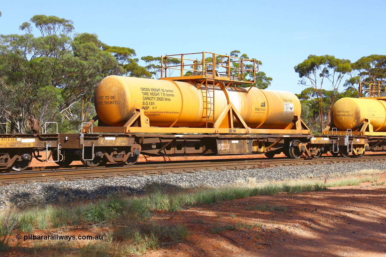 190108 1143
Binduli, AQHY 30102 with CSA 0124, originally built by the WAGR Midland Workshops in 1964/66 as a WF type flat waggon, then in 1997, following several recodes and modifications, was one of seventy five waggons converted to the WQH type to carry CSA sulphuric acid tanks between Hampton/Kalgoorlie and Perth/Kwinana. CSA 0124 was built by Vcare Engineering, India for Access Petrotec & Mining Solutions.
Keywords: AQHY-type;AQHY30102;WAGR-Midland-WS;WF-type;WFDY-type;WFDF-type;RFDF-type;WQH-type;