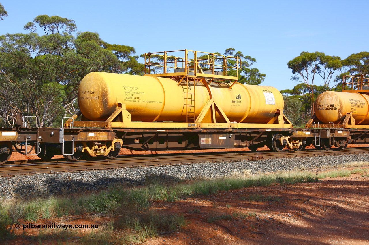 190108 1144
Binduli, AQHY 30045 with CSA 0078, originally built by the WAGR Midland Workshops in 1964/66 as a WF type flat waggon, then in 1997, following several recodes and modifications, was one of seventy five waggons converted to the WQH type to carry CSA sulphuric acid tanks between Hampton/Kalgoorlie and Perth/Kwinana. CSA 0078 was built by Acid Plant Management Services, WA.
Keywords: AQHY-type;AQHY30045;WAGR-Midland-WS;WF-type;WFDY-type;WFDF-type;RFDF-type;WQH-type;