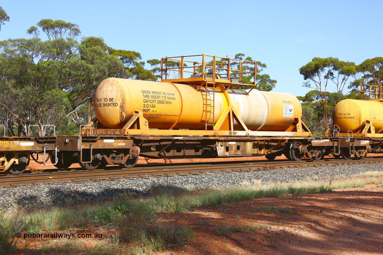 190108 1145
Binduli, AQHY 30039 with CSA 0110, originally built by the WAGR Midland Workshops in 1964/66 as a WF type flat waggon, then in 1997, following several recodes and modifications, was one of seventy five waggons converted to the WQH type to carry CSA sulphuric acid tanks between Hampton/Kalgoorlie and Perth/Kwinana. CSA 0110 was built by Vcare Engineering, India for Access Petrotec & Mining Solutions.
Keywords: AQHY-type;AQHY30039;WAGR-Midland-WS;WF-type;WFDY-type;WFDF-type;RFDF-type;WQH-type;