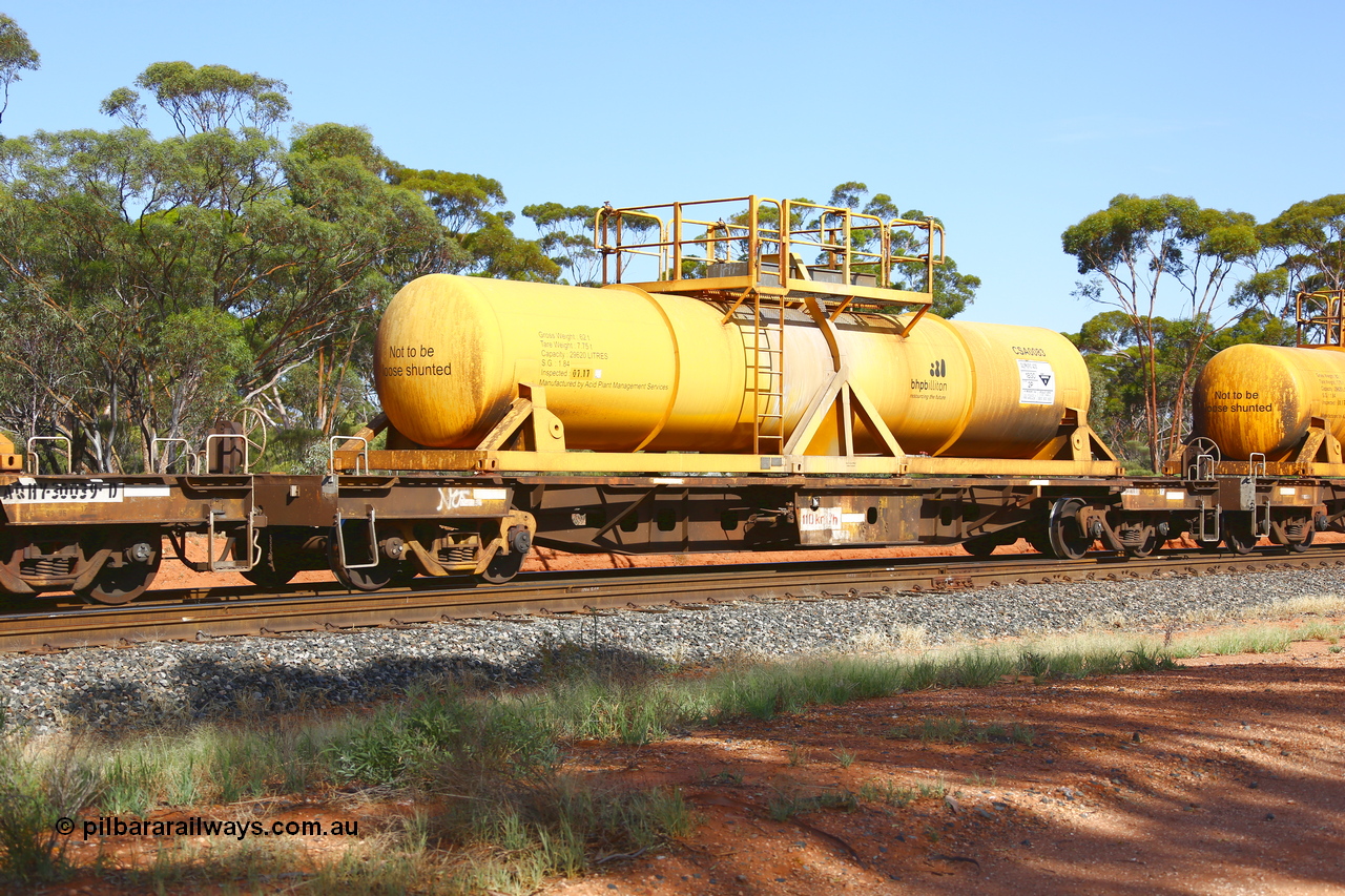 190108 1146
Binduli, AQHY 30056 with CSA 0083, originally built by the WAGR Midland Workshops in 1964/66 as a WF type flat waggon, then in 1997, following several recodes and modifications, was one of seventy five waggons converted to the WQH type to carry CSA sulphuric acid tanks between Hampton/Kalgoorlie and Perth/Kwinana. CSA 0083 was built by Acid Plant Management Services, WA.
Keywords: AQHY-type;AQHY30056;WAGR-Midland-WS;WF-type;WFDY-type;WFDF-type;RFDF-type;WQH-type;