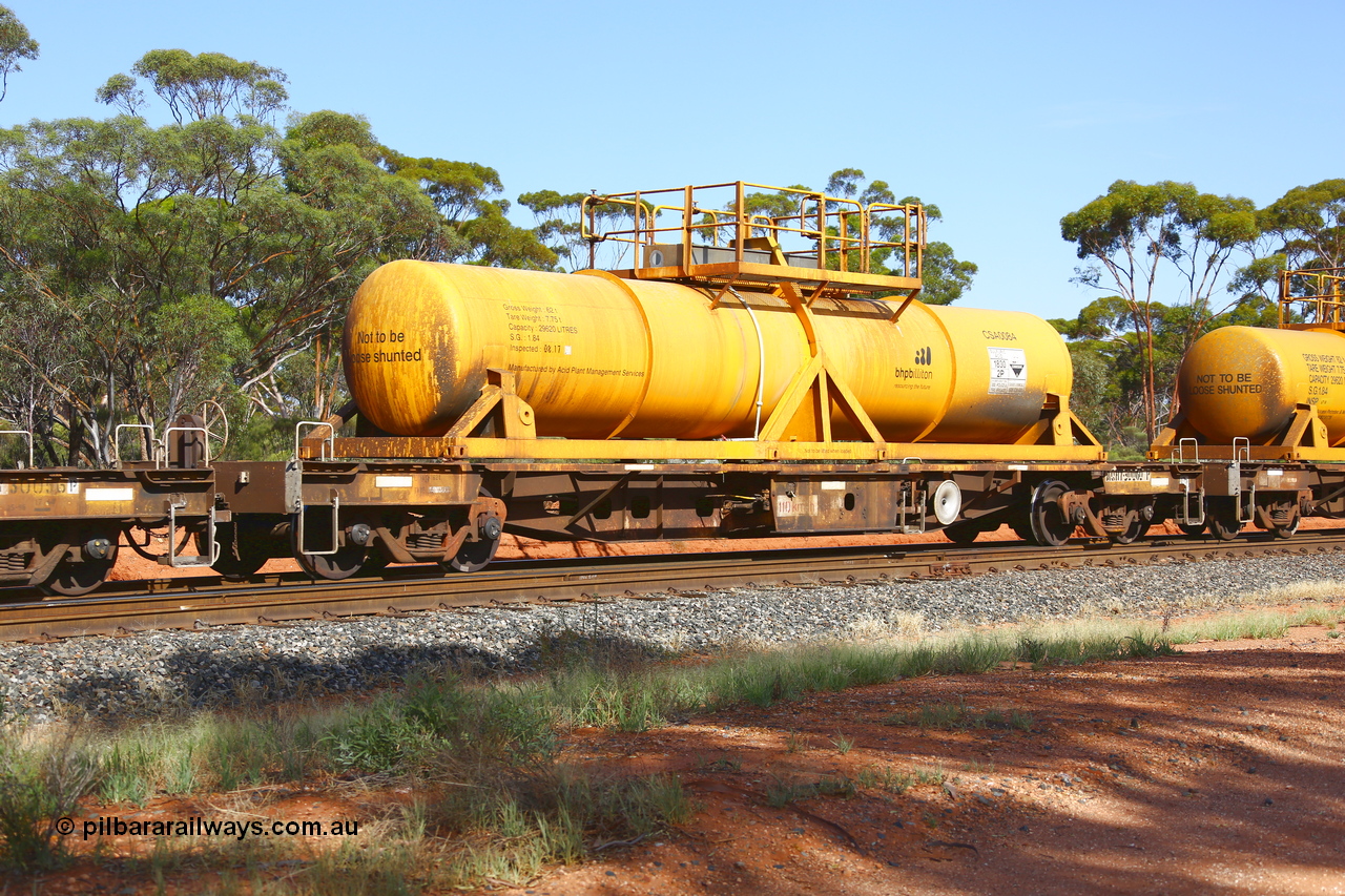 190108 1147
Binduli, AQHY 30060 with CSA 0084, originally built by the WAGR Midland Workshops in 1964/66 as a WF type flat waggon, then in 1997, following several recodes and modifications, was one of seventy five waggons converted to the WQH type to carry CSA sulphuric acid tanks between Hampton/Kalgoorlie and Perth/Kwinana. CSA 0084 was built by Acid Plant Management Services, WA.
Keywords: AQHY-type;AQHY30060;WAGR-Midland-WS;WF-type;WFL-type;WFDY-type;WFDF-type;RFDF-type;WQH-type;