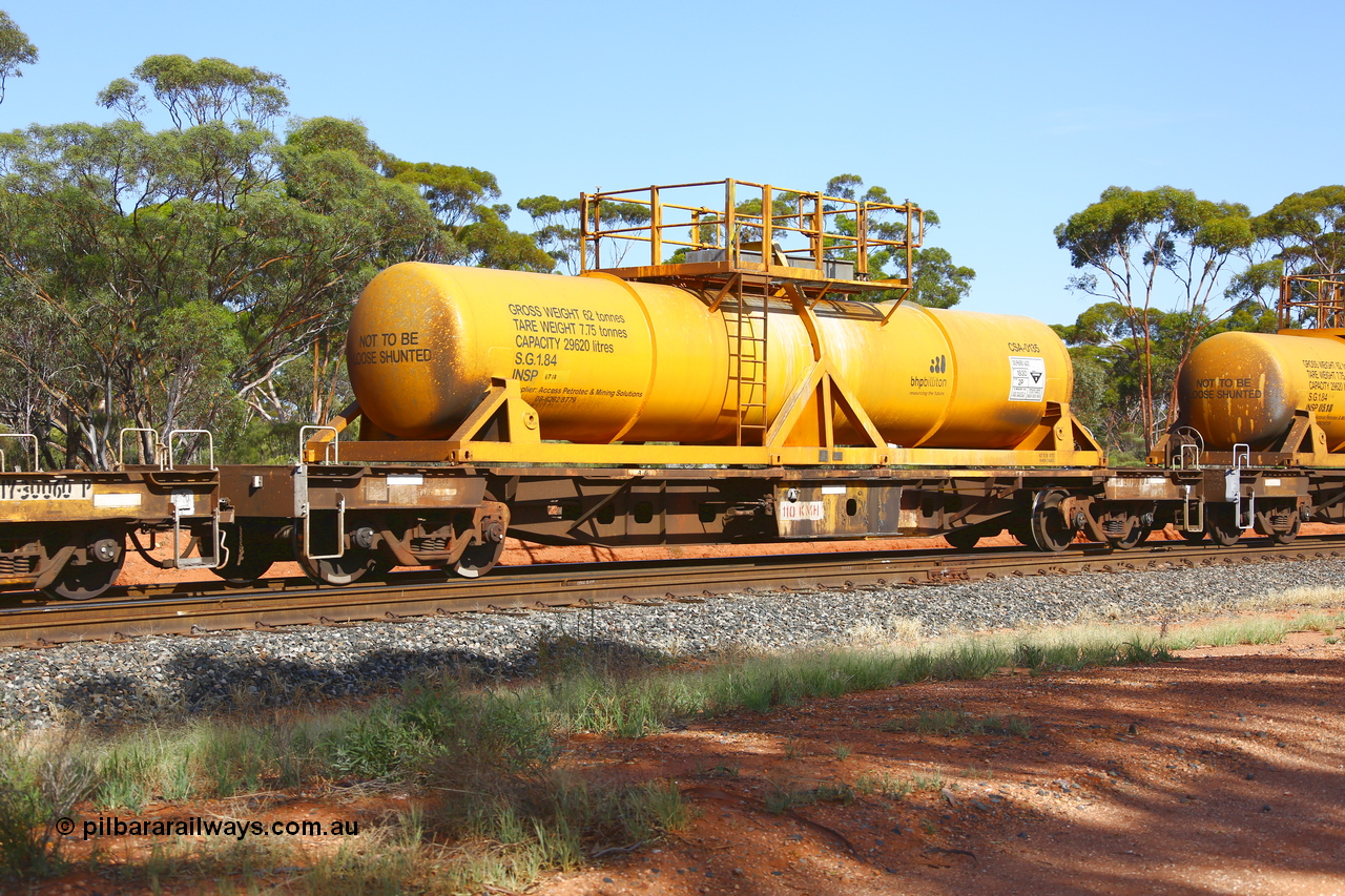 190108 1148
Binduli, AQHY 30070 with CSA 0135, originally built by the WAGR Midland Workshops in 1964/66 as a WF type flat waggon, then in 1997, following several recodes and modifications, was one of seventy five waggons converted to the WQH type to carry CSA sulphuric acid tanks between Hampton/Kalgoorlie and Perth/Kwinana. CSA 0135 was built by Vcare Engineering, India for Access Petrotec & Mining Solutions.
Keywords: AQHY-type;AQHY30070;WAGR-Midland-WS;WF-type;WFDY-type;WFDF-type;WQH-type;