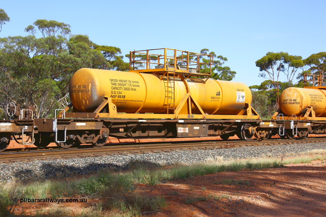 190108 1149
Binduli, AQHY 30006 with CSA 0131, originally built by the WAGR Midland Workshops in 1964/66 as a WF type flat waggon, then in 1997, following several recodes and modifications, was one of seventy five waggons converted to the WQH type to carry CSA sulphuric acid tanks between Hampton/Kalgoorlie and Perth/Kwinana. CSA 0131 was built by Vcare Engineering, India for Access Petrotec & Mining Solutions.
Keywords: AQHY-type;AQHY30006;WAGR-Midland-WS;WF-type;WMA-type;WFDY-type;WFDF-type;RFDF-type;WQH-type;