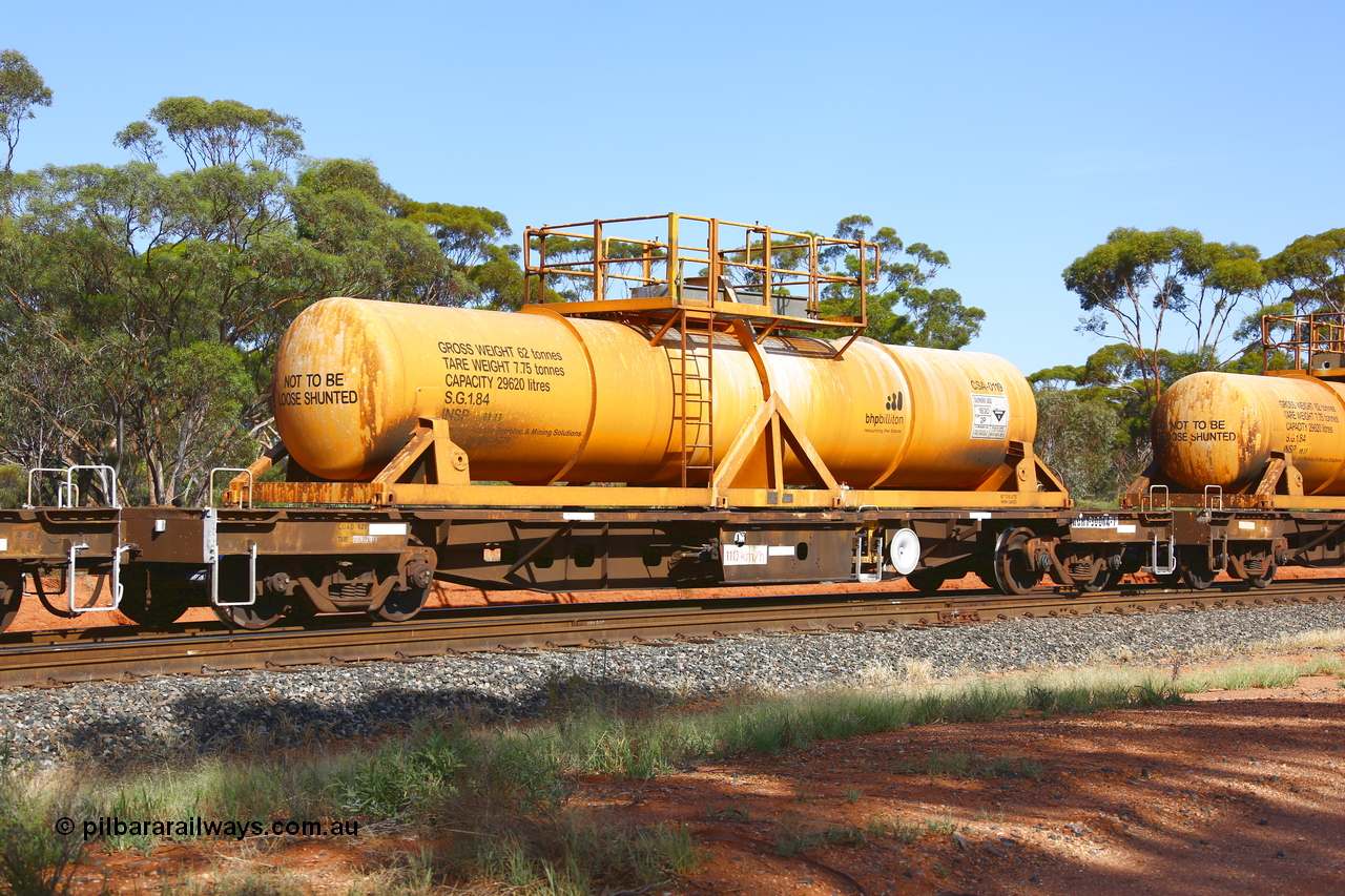 190108 1150
Binduli, AQHY 30064 with CSA 0119, originally built by the WAGR Midland Workshops in 1964/66 as a WF type flat waggon, then in 1997, following several recodes and modifications, was one of seventy five waggons converted to the WQH type to carry CSA sulphuric acid tanks between Hampton/Kalgoorlie and Perth/Kwinana. CSA 0119 was built by Vcare Engineering, India for Access Petrotec & Mining Solutions.
Keywords: AQHY-type;AQHY30064;WAGR-Midland-WS;WF-type;WFDY-type;WFDF-type;RFDF-type;WQH-type;