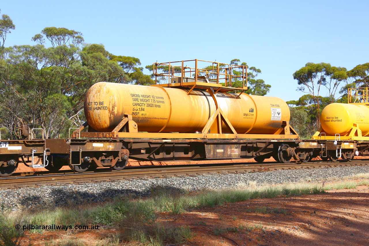 190108 1151
Binduli, AQHY 30109 with CSA 0088, originally built by the WAGR Midland Workshops in 1964/66 as a WF type flat waggon, then in 1997, following several recodes and modifications, was one of seventy five waggons converted to the WQH type to carry CSA sulphuric acid tanks between Hampton/Kalgoorlie and Perth/Kwinana. CSA 0088 was built by Vcare Engineering, India for Access Petrotec & Mining Solutions.
Keywords: AQHY-type;AQHY30109;WAGR-Midland-WS;WF-type;WFDY-type;WFDF-type;WQH-type;