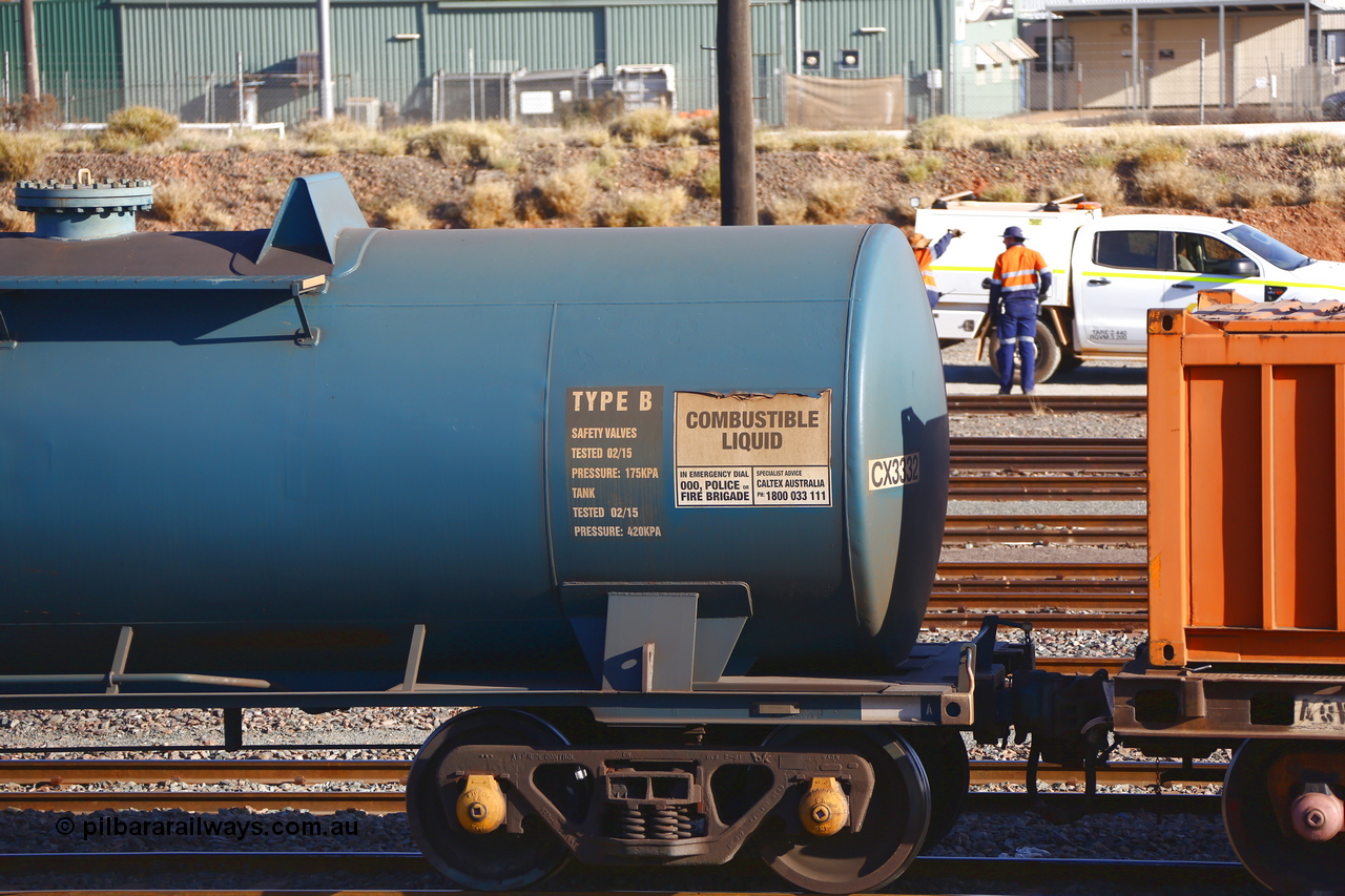 190108 1276
West Kalgoorlie, NTAY type fuel tank waggon NTAY 3332 with 66,000 litre capacity for Caltex. Refurbished by Gemco WA in Feb 2015 from a Caltex NTAF type tank waggon NTAF 332 originally built by Tulloch Ltd NSW as a CAL type CAL 332. Shows A end.
Keywords: NTAY-type;NTAY3332;Tulloch-Ltd-NSW;CAL-type;CAL332;NTAF-type;