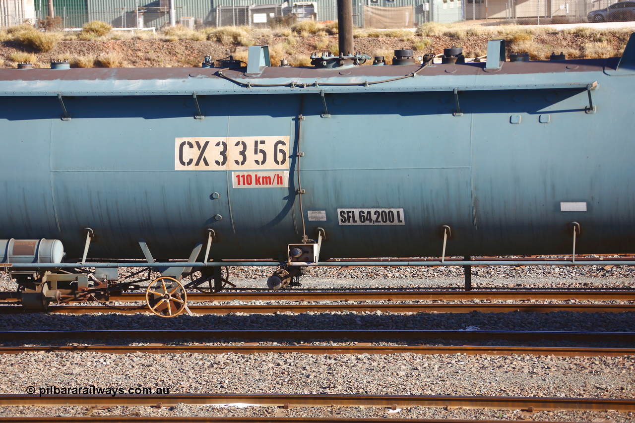 190108 1284
West Kalgoorlie, NTAY type fuel tank waggon NTAY 3356 with 64,200 litre capacity for Caltex. Refurbished by Gemco WA in Nov 2013 from a Caltex NTAF type tank waggon NTAF 356 originally built by Comeng NSW in 1974 as a CTX type CTX 356. Shows tank fill, instrumentation and handbrake.
Keywords: NTAY-type;NTAY3356;Comeng-NSW;CTX-type;CTX356;NTAF-type;