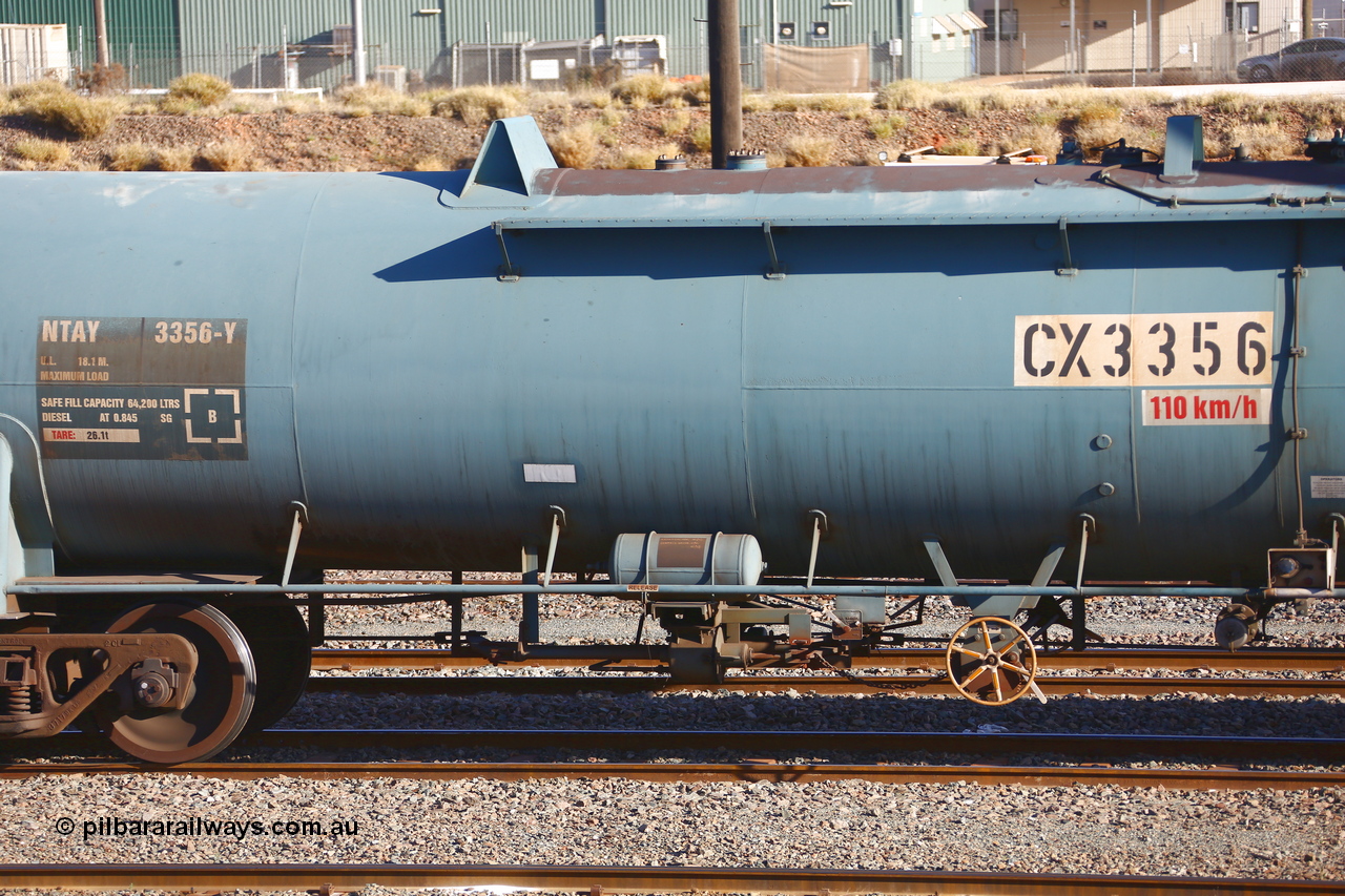 190108 1285
West Kalgoorlie, NTAY type fuel tank waggon NTAY 3356 with 64,200 litre capacity for Caltex. Refurbished by Gemco WA in Nov 2013 from a Caltex NTAF type tank waggon NTAF 356 originally built by Comeng NSW in 1974 as a CTX type CTX 356. Shows brake arrangement.
Keywords: NTAY-type;NTAY3356;Comeng-NSW;CTX-type;CTX356;NTAF-type;